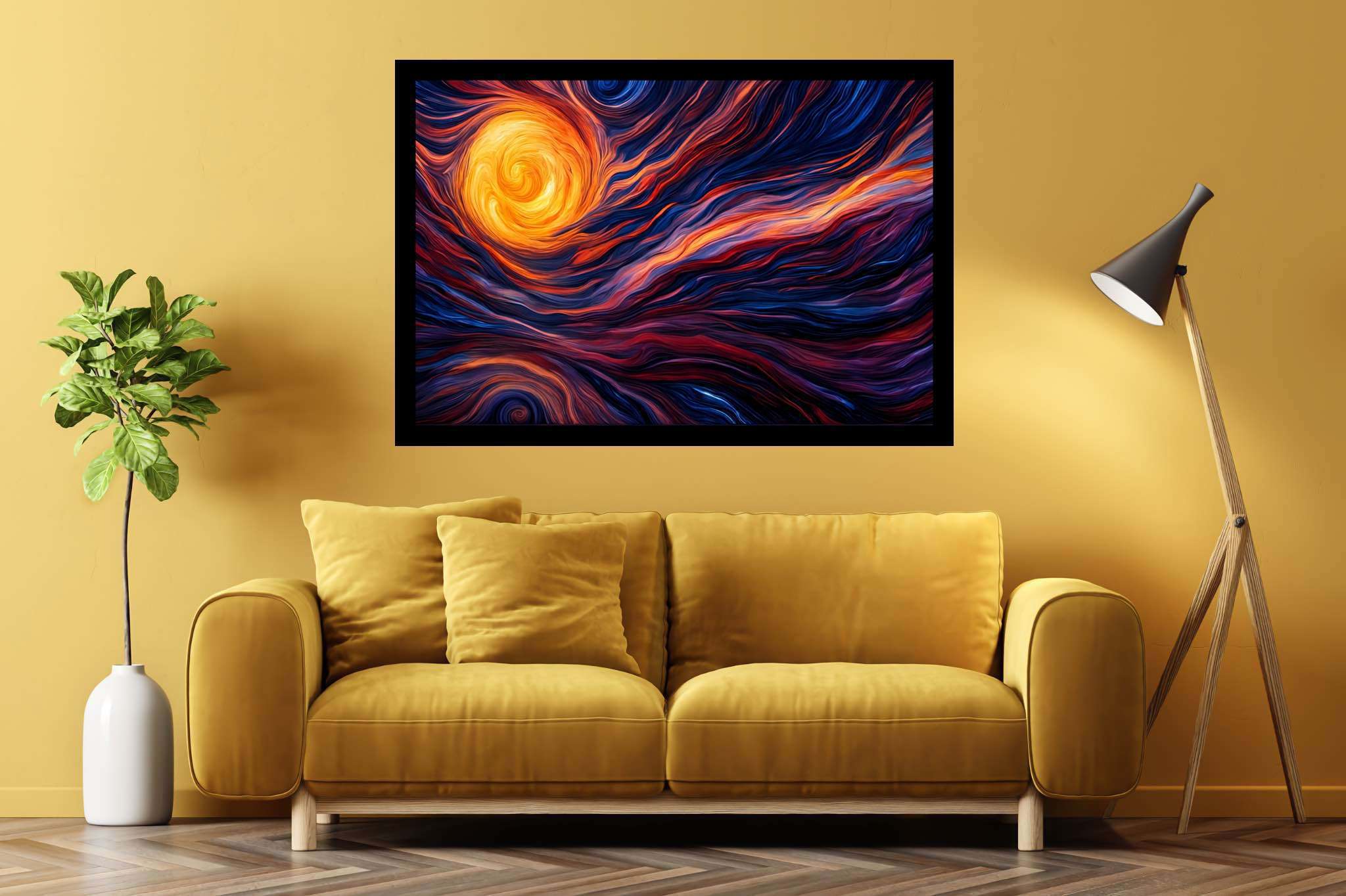 Daybreak enchantment tapestry: Sunset art with ethereal art, in a room with elegant layout, abstract paintings, and artisan decor. The art can be printed on poster, framed poster, canvas, metal, acrylic or wood, exclusively at WallArtZen. Find this exact print at https://wallartzen.com/waz158