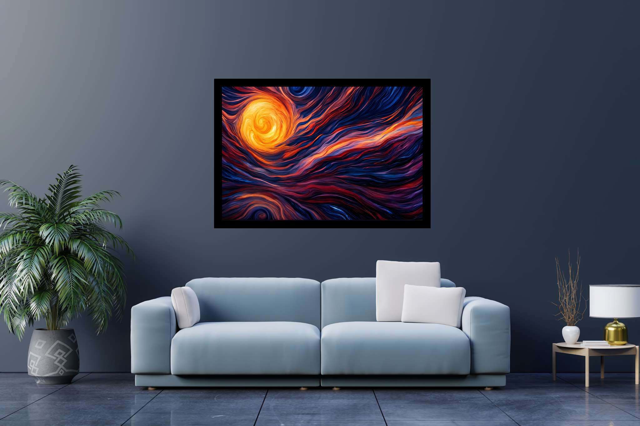 Daybreak enchantment tapestry: Sunset art with atmospheric art, in a room with elegant layout, digital art pieces, and interior decorations. The art can be printed on poster, framed poster, canvas, metal, acrylic or wood, exclusively at WallArtZen. Find this exact print at https://wallartzen.com/waz158