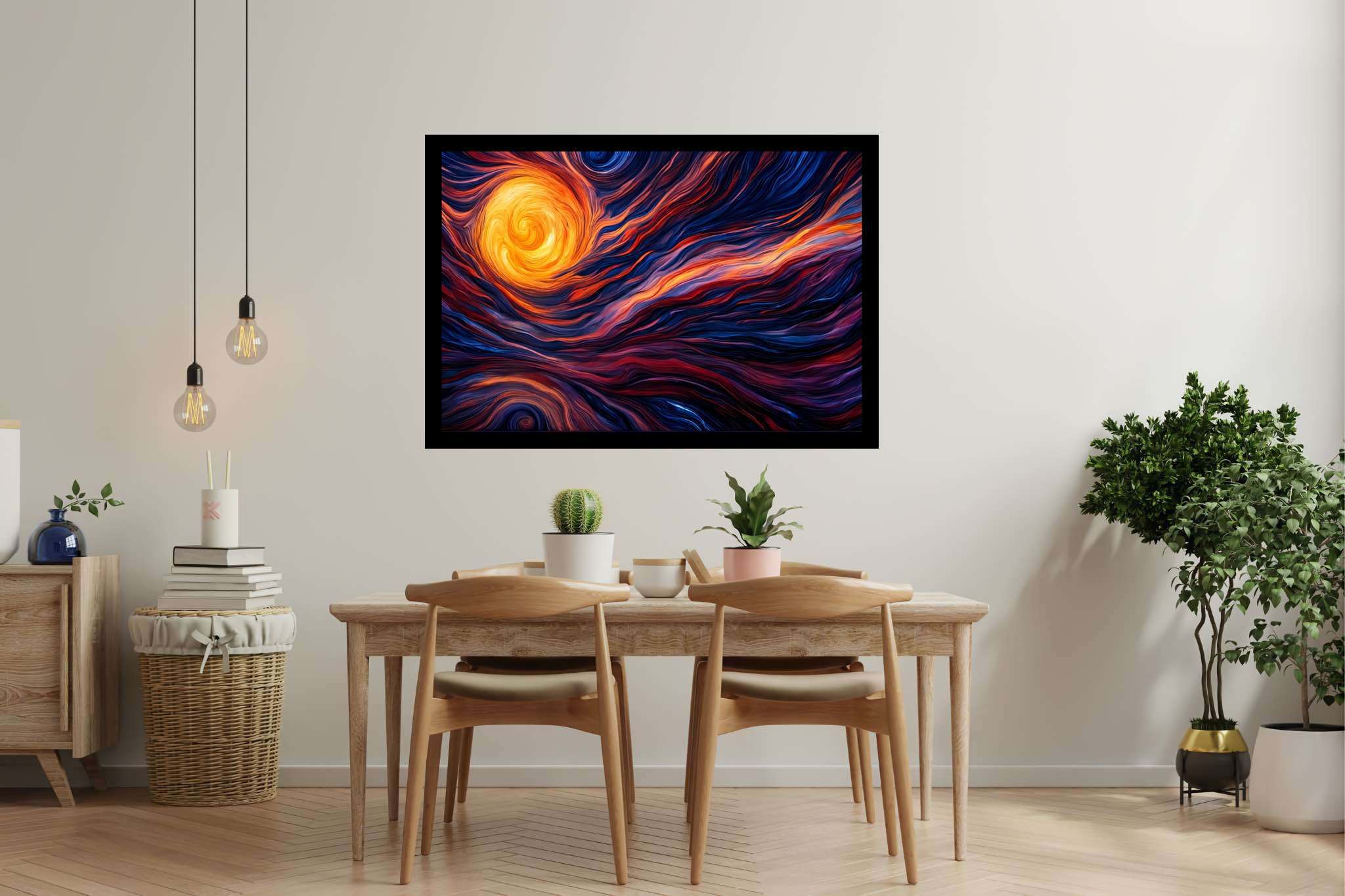 Daybreak enchantment tapestry: Sunset art with surreal art, in a room with modern style, wall art, and home furnishings. The art can be printed on poster, framed poster, canvas, metal, acrylic or wood, exclusively at WallArtZen. Find this exact print at https://wallartzen.com/waz158