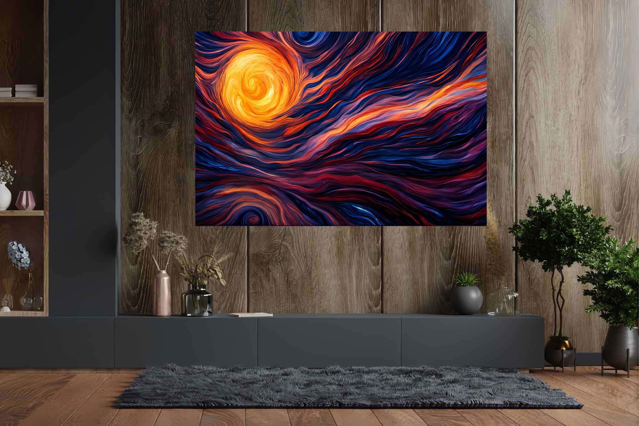 Daybreak enchantment tapestry: Sunset art with landscape painting, in a room with great design, gallery-quality artwork, and trendy home accents. The art can be printed on poster, framed poster, canvas, metal, acrylic or wood, exclusively at WallArtZen. Find this exact print at https://wallartzen.com/waz158