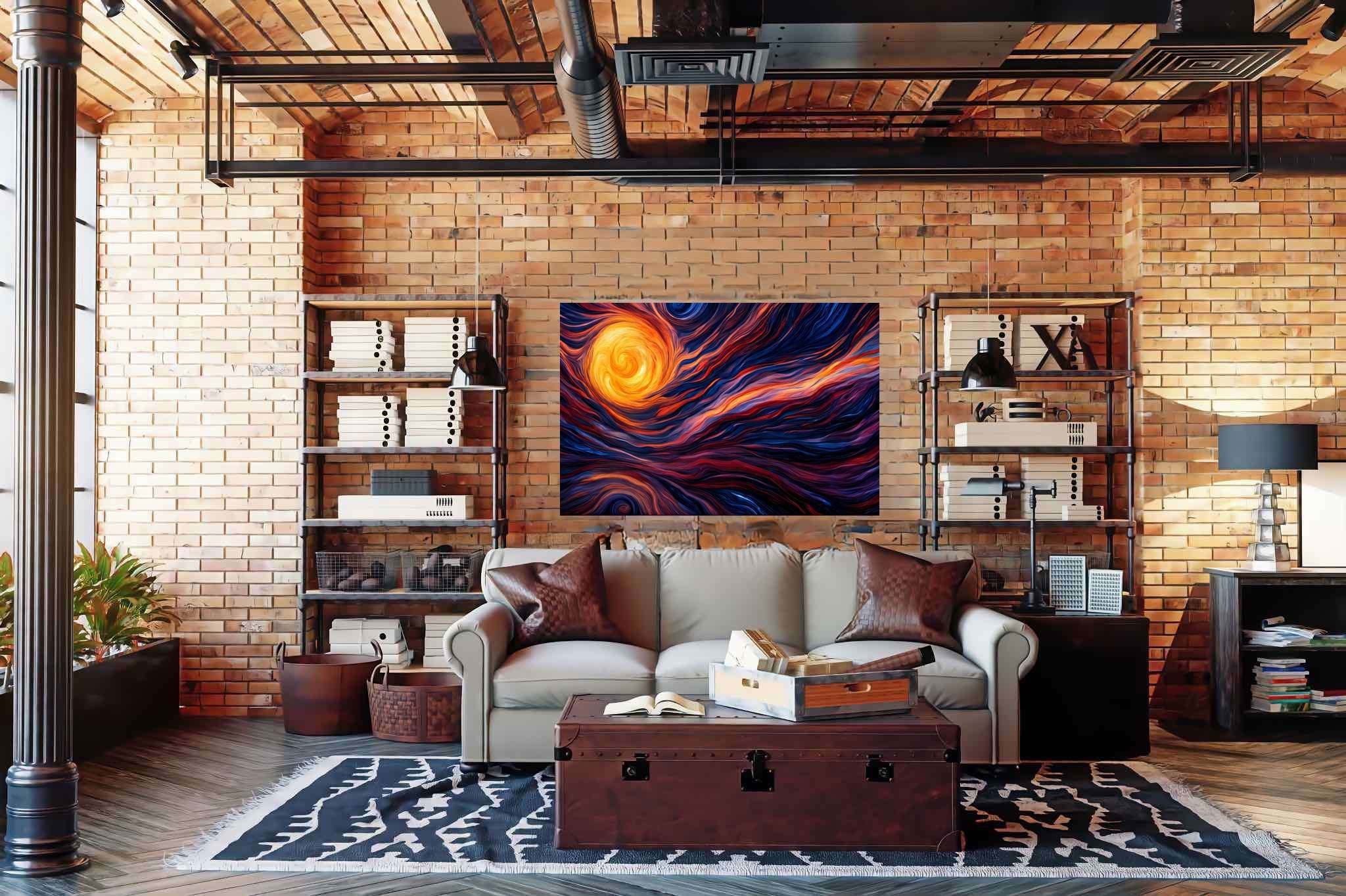 Daybreak enchantment tapestry: Sunset art with tranquil scenes, in a room with chic decor, mural artworks, and luxe decor. The art can be printed on poster, framed poster, canvas, metal, acrylic or wood, exclusively at WallArtZen. Find this exact print at https://wallartzen.com/waz158
