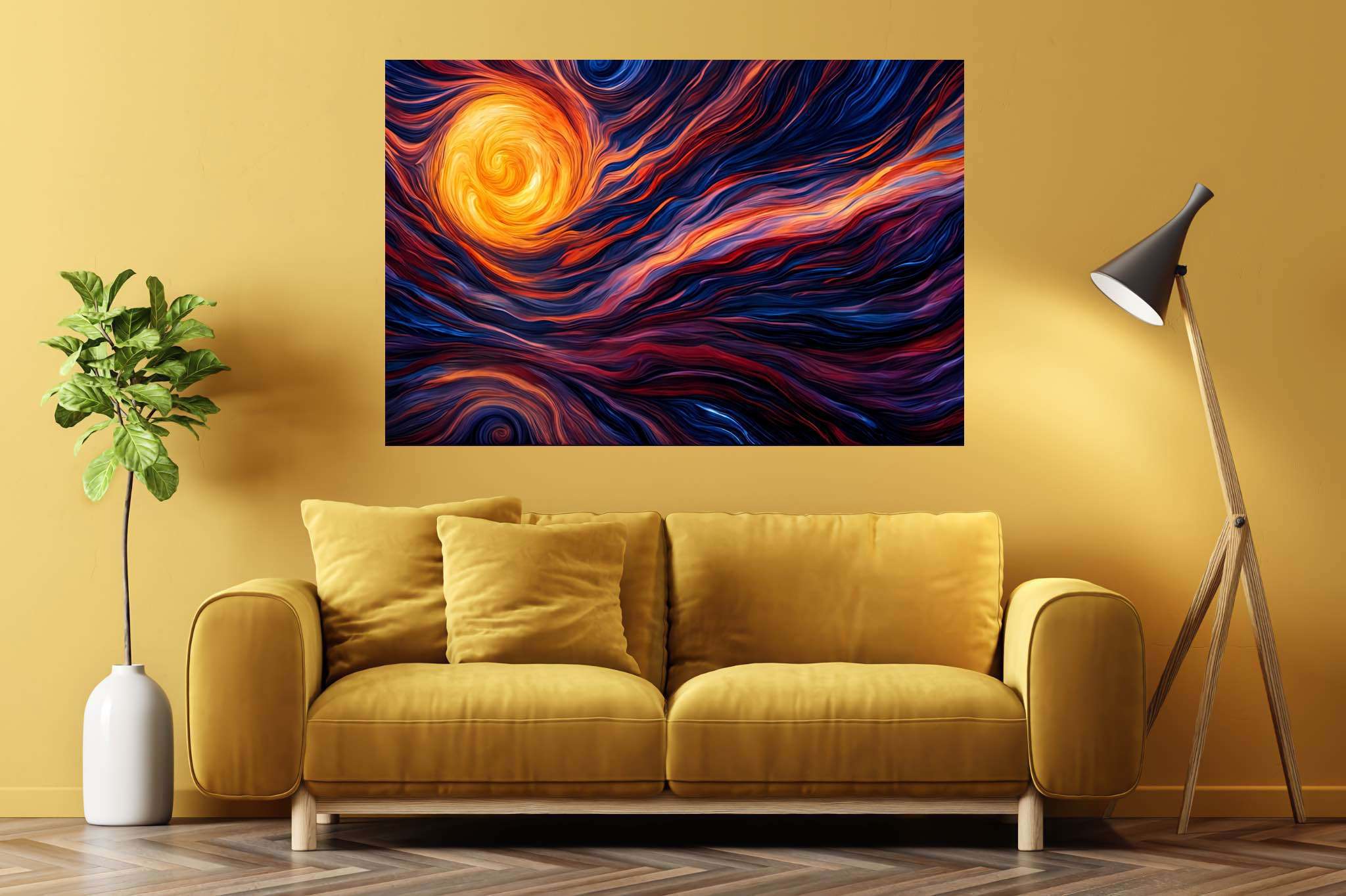Daybreak enchantment tapestry: Sunset art with landscape painting, in a room with classic elegance, canvas prints, and trendy home accents. The art can be printed on poster, framed poster, canvas, metal, acrylic or wood, exclusively at WallArtZen. Find this exact print at https://wallartzen.com/waz158