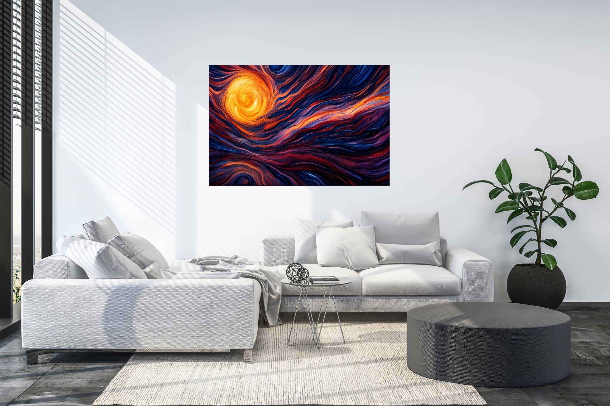 Daybreak enchantment tapestry: Sunset art with celestial art, in a room with elegant layout, fine art prints, and trendy home accents. The art can be printed on poster, framed poster, canvas, metal, acrylic or wood, exclusively at WallArtZen. Find this exact print at https://wallartzen.com/waz158