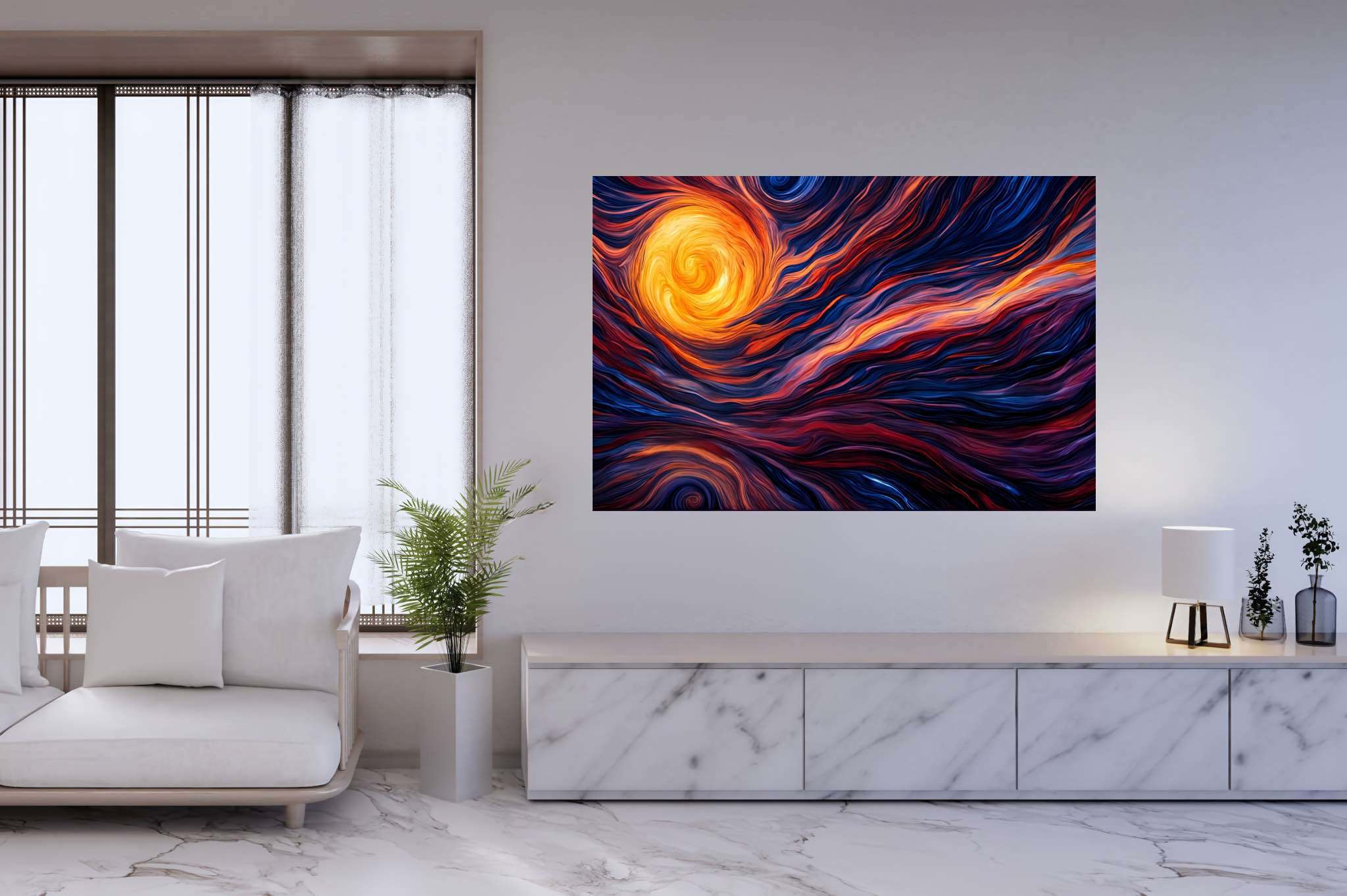 Daybreak enchantment tapestry: Sunset art with celestial art, in a room with classic elegance, wall hangings, and interior decorations. The art can be printed on poster, framed poster, canvas, metal, acrylic or wood, exclusively at WallArtZen. Find this exact print at https://wallartzen.com/waz158