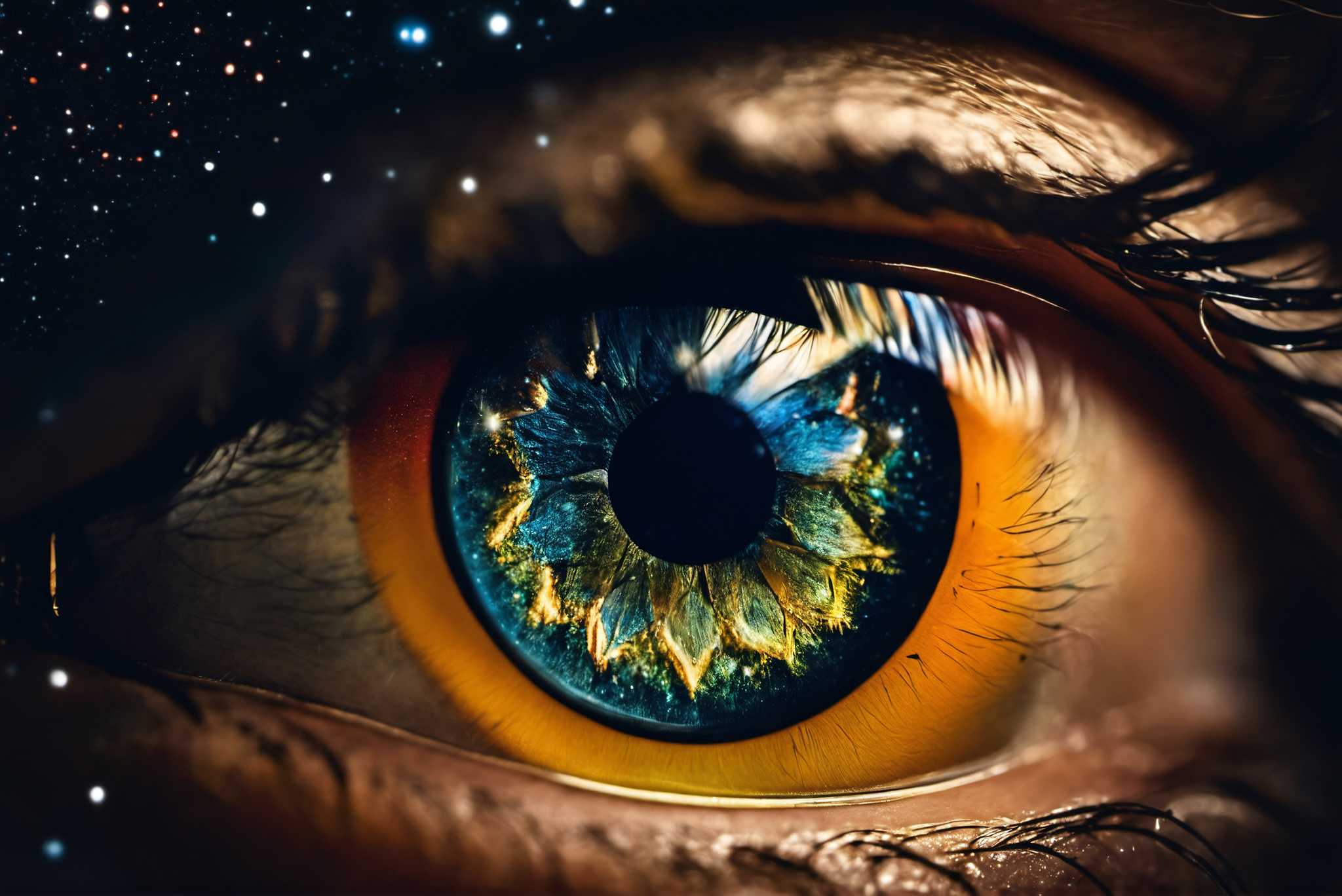 Stargazer's vision quest: Surreal eye art with psychedelic eye visuals, in a room with chic decor, abstract paintings, and home styling items. The art can be printed on poster, framed poster, canvas, metal, acrylic or wood, exclusively at WallArtZen. Find this exact print at https://wallartzen.com/waz159