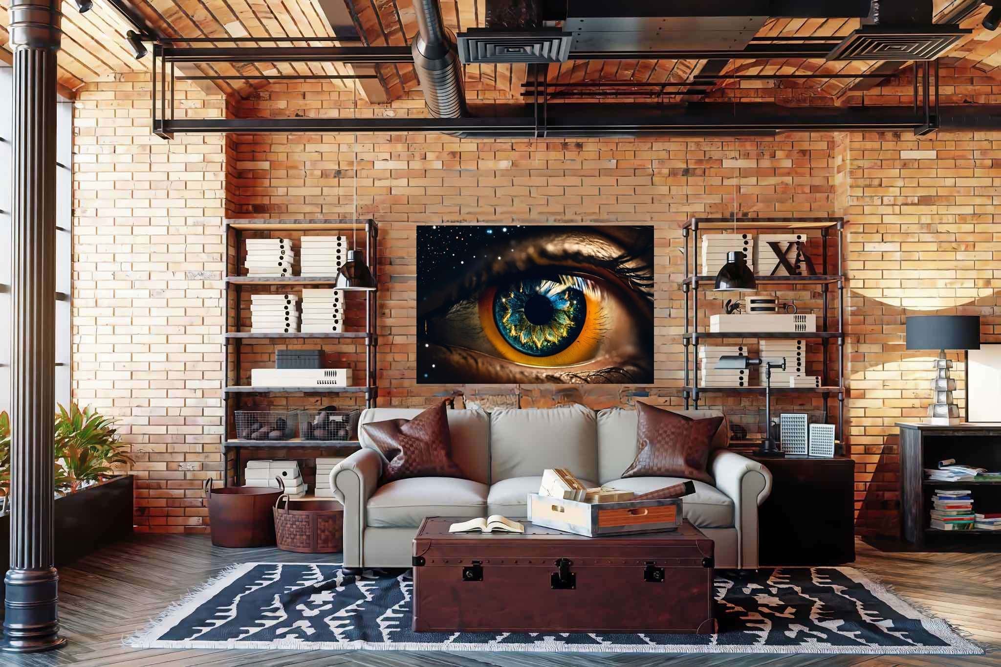 Stargazer's vision quest: Surreal eye art with unconventional eye representations, in a room with chic decor, fine art prints, and luxe decor. The art can be printed on poster, framed poster, canvas, metal, acrylic or wood, exclusively at WallArtZen. Find this exact print at https://wallartzen.com/waz159