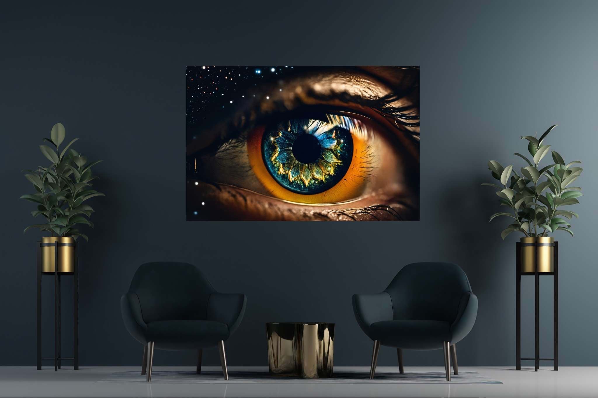 Stargazer's vision quest: Surreal eye art with ethereal eye sculptures, in a room with chic decor, wall hangings, and artisan decor. The art can be printed on poster, framed poster, canvas, metal, acrylic or wood, exclusively at WallArtZen. Find this exact print at https://wallartzen.com/waz159
