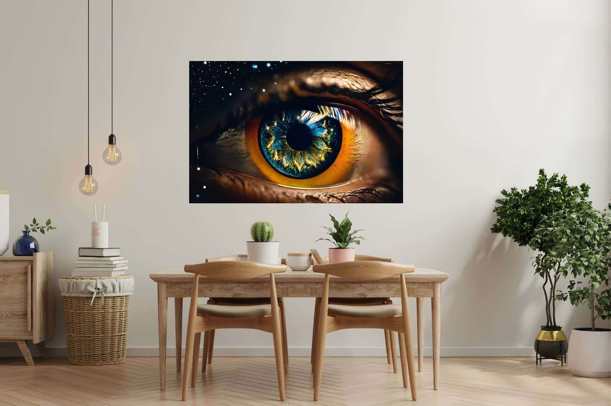 Stargazer's vision quest: Surreal eye art with hallucinatory eye designs, in a room with elegant layout, framed art, and interior decorations. The art can be printed on poster, framed poster, canvas, metal, acrylic or wood, exclusively at WallArtZen. Find this exact print at https://wallartzen.com/waz159