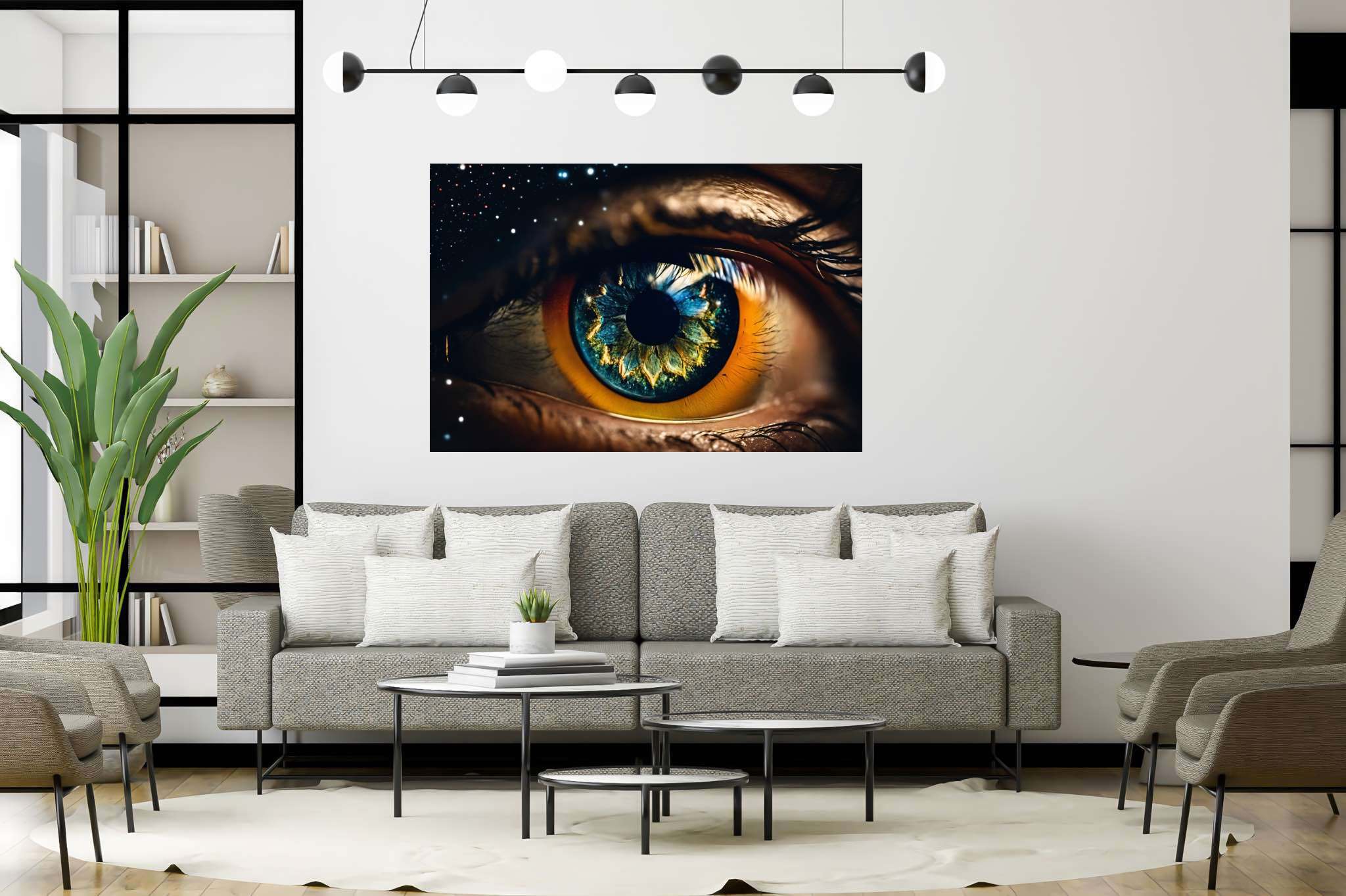 Stargazer's vision quest: Surreal eye art with imaginary eye paintings, in a room with classic elegance, wall hangings, and stylish accessories. The art can be printed on poster, framed poster, canvas, metal, acrylic or wood, exclusively at WallArtZen. Find this exact print at https://wallartzen.com/waz159