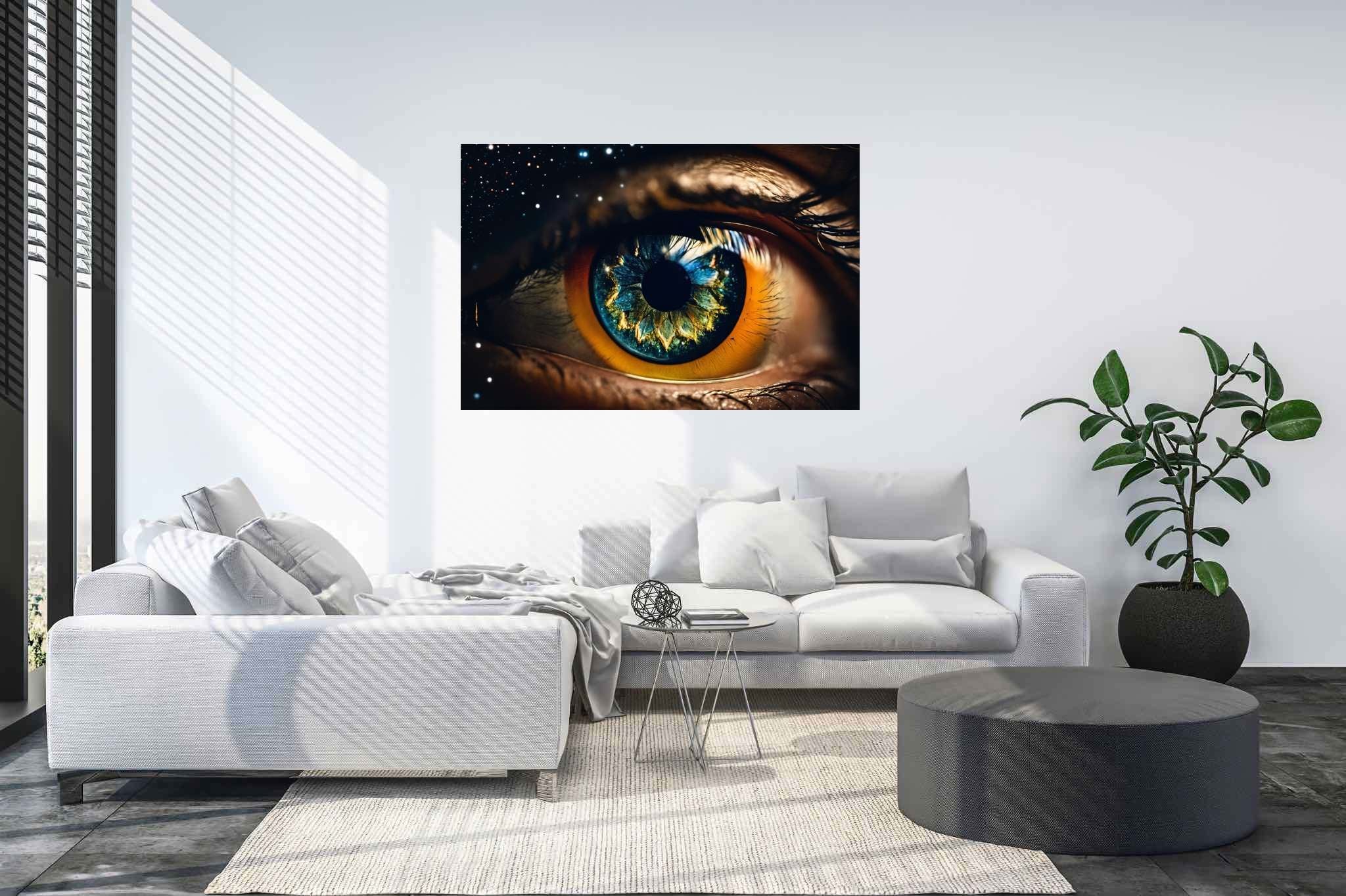 Stargazer's vision quest: Surreal eye art with imaginary eye paintings, in a room with minimalist approach, digital art pieces, and home furnishings. The art can be printed on poster, framed poster, canvas, metal, acrylic or wood, exclusively at WallArtZen. Find this exact print at https://wallartzen.com/waz159