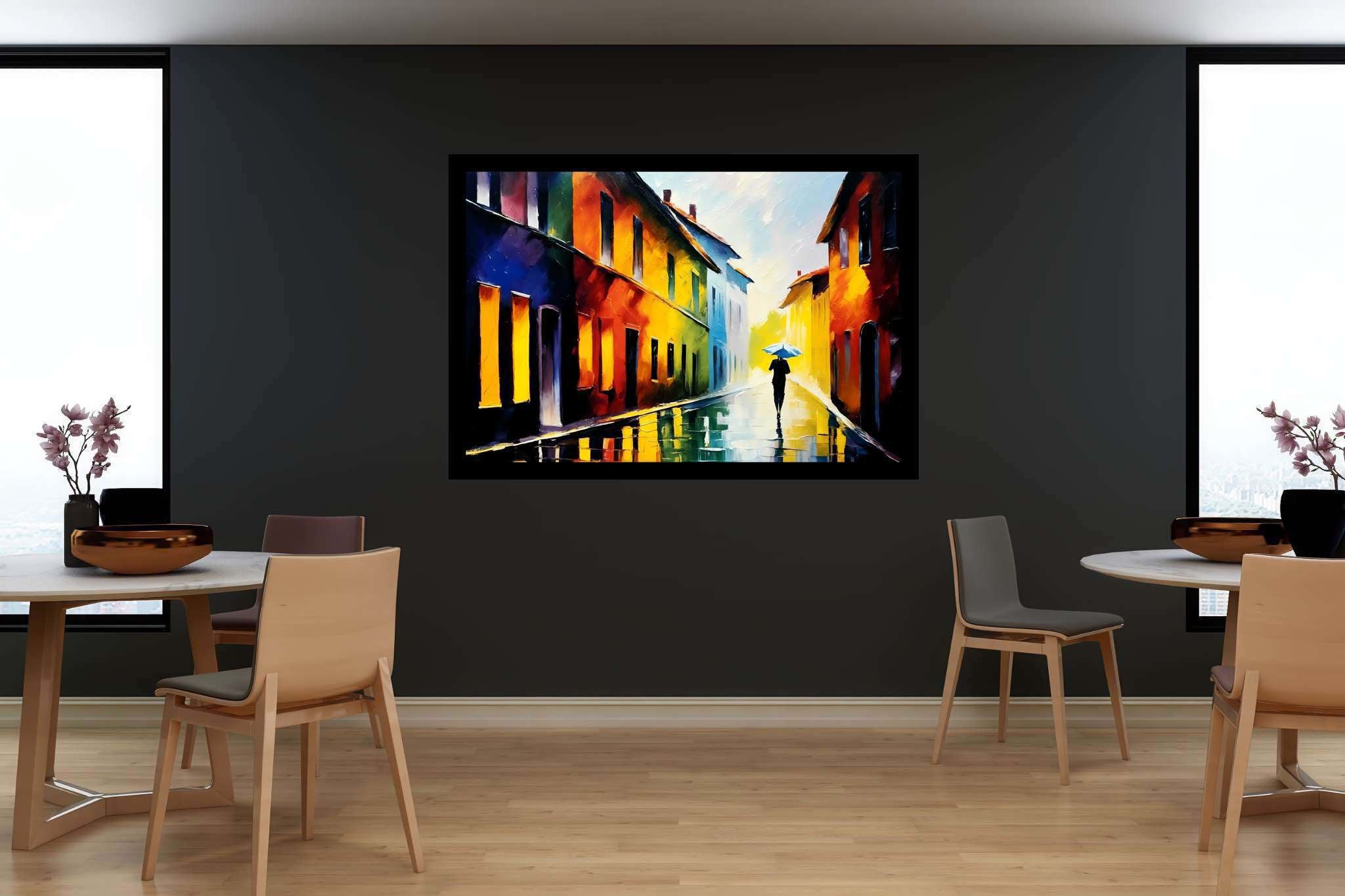 Rain's serenade in chromatic alley: Umbrella art with umbrella decor, in a room with elegant layout, wall art, and stylish accessories. The art can be printed on poster, framed poster, canvas, metal, acrylic or wood, exclusively at WallArtZen. Find this exact print at https://wallartzen.com/waz15