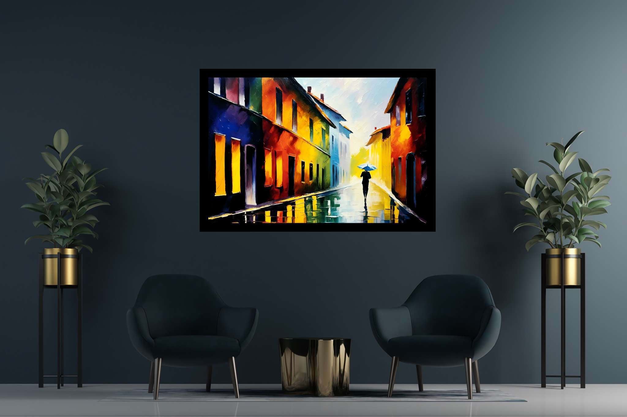 Rain's serenade in chromatic alley: Umbrella art with umbrella art, in a room with classic elegance, wall hangings, and trendy home accents. The art can be printed on poster, framed poster, canvas, metal, acrylic or wood, exclusively at WallArtZen. Find this exact print at https://wallartzen.com/waz15