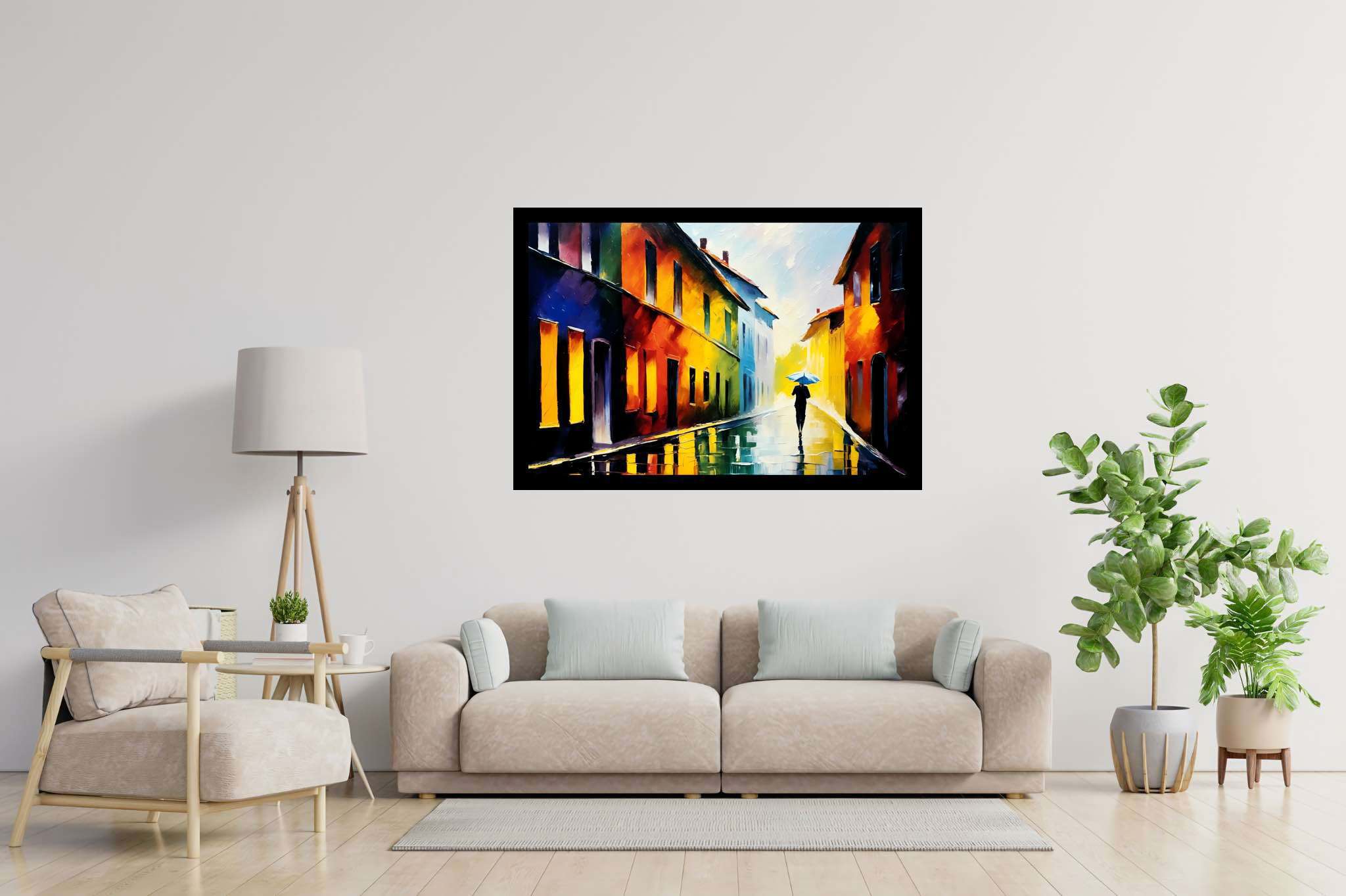 Rain's serenade in chromatic alley: Umbrella art with umbrella photography, in a room with classic elegance, digital art pieces, and luxe decor. The art can be printed on poster, framed poster, canvas, metal, acrylic or wood, exclusively at WallArtZen. Find this exact print at https://wallartzen.com/waz15