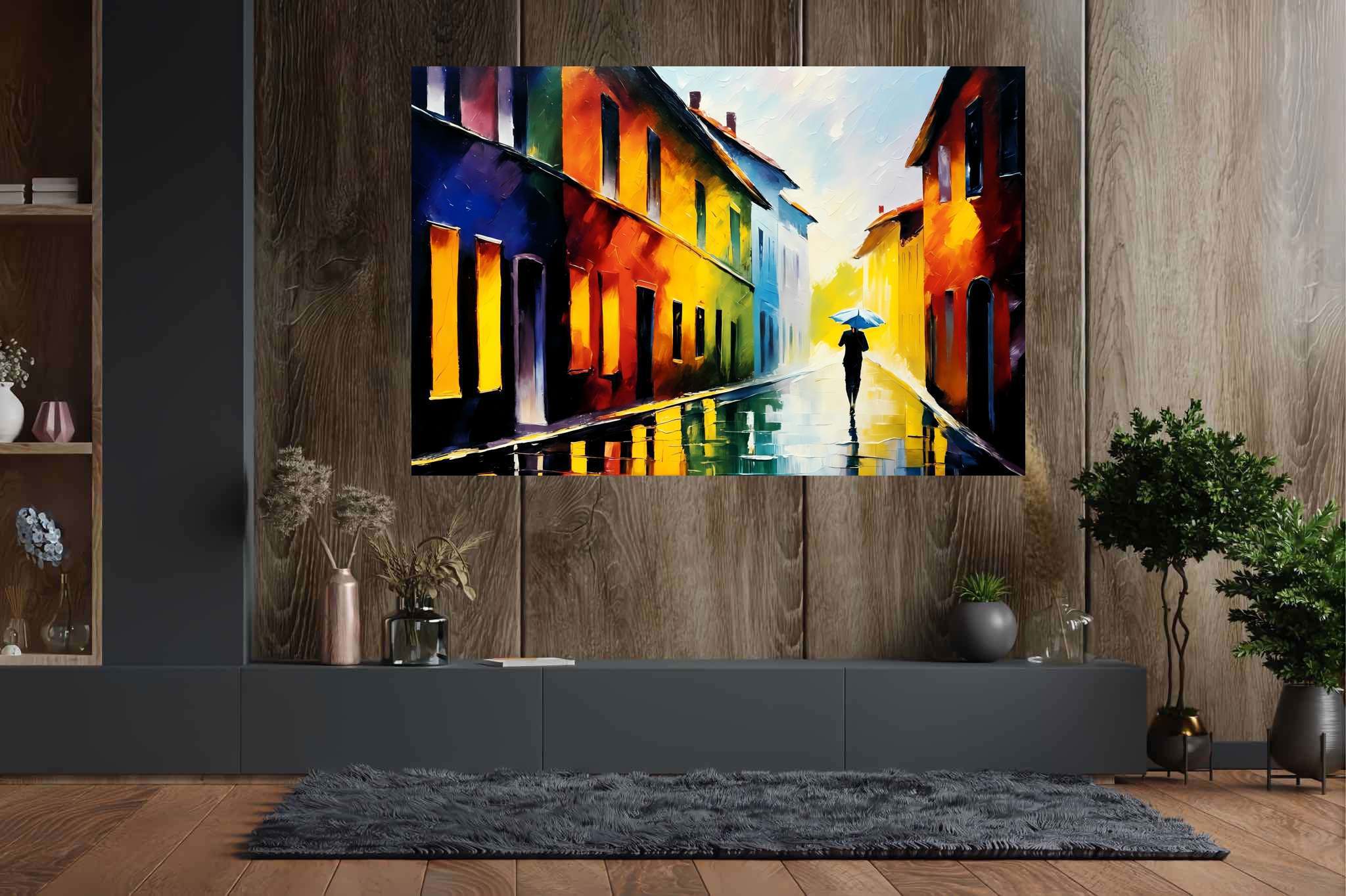 Rain's serenade in chromatic alley: Umbrella art with umbrella prints, in a room with contemporary flair, fine art prints, and decorative pieces. The art can be printed on poster, framed poster, canvas, metal, acrylic or wood, exclusively at WallArtZen. Find this exact print at https://wallartzen.com/waz15