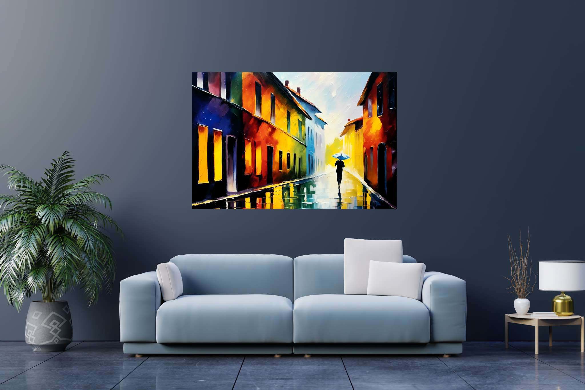 Rain's serenade in chromatic alley: Umbrella art with colorful umbrellas, in a room with chic decor, fine art prints, and decorative pieces. The art can be printed on poster, framed poster, canvas, metal, acrylic or wood, exclusively at WallArtZen. Find this exact print at https://wallartzen.com/waz15