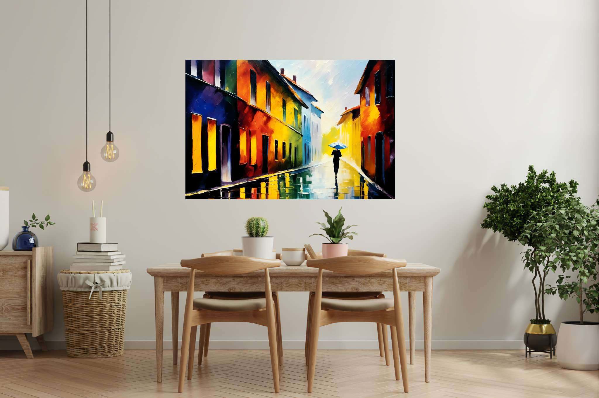 Rain's serenade in chromatic alley: Umbrella art with umbrella artwork, in a room with minimalist approach, wall art, and artisan decor. The art can be printed on poster, framed poster, canvas, metal, acrylic or wood, exclusively at WallArtZen. Find this exact print at https://wallartzen.com/waz15