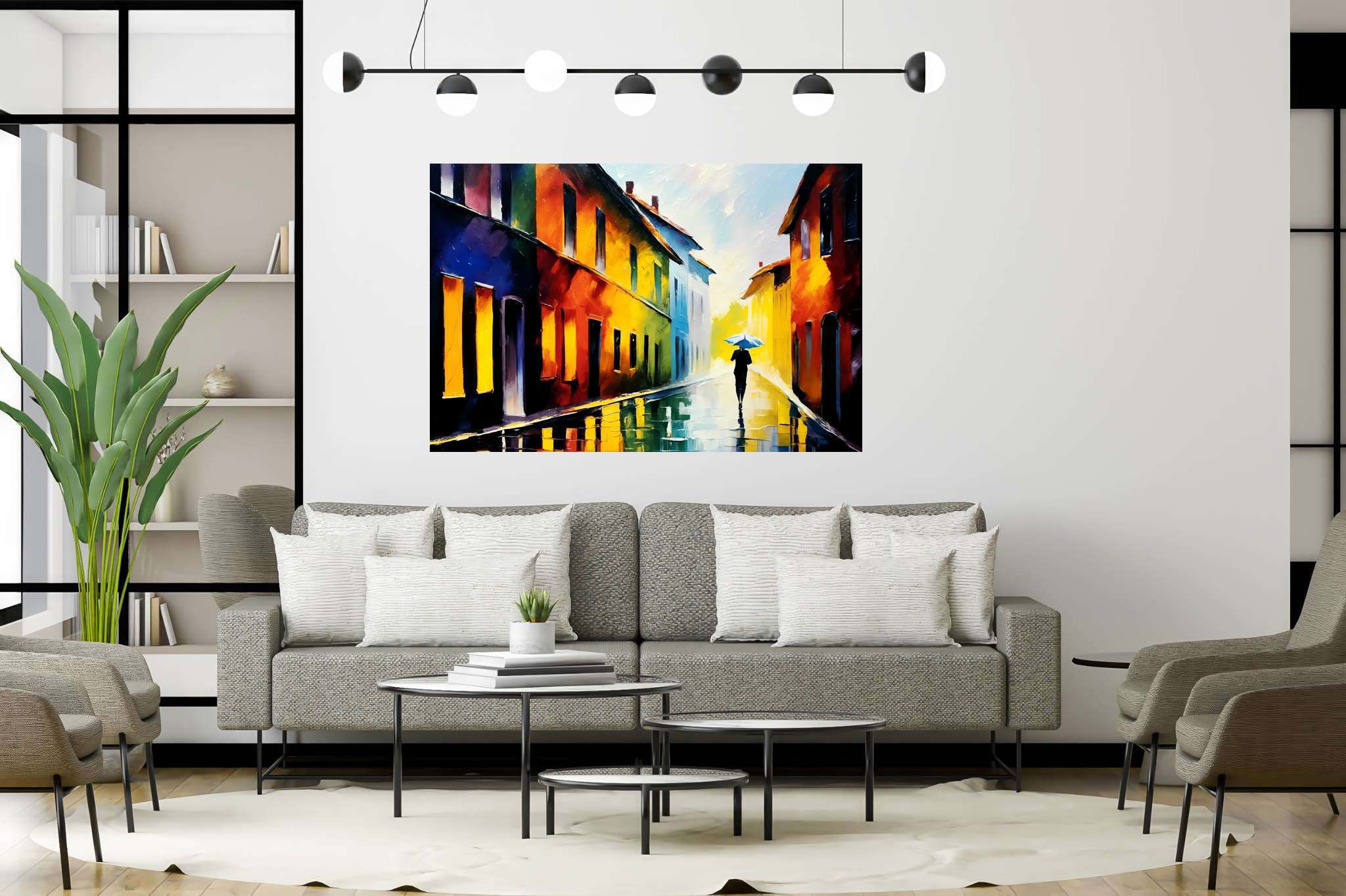 Rain's serenade in chromatic alley: Umbrella art with umbrella design, in a room with elegant layout, framed art, and decorative pieces. The art can be printed on poster, framed poster, canvas, metal, acrylic or wood, exclusively at WallArtZen. Find this exact print at https://wallartzen.com/waz15