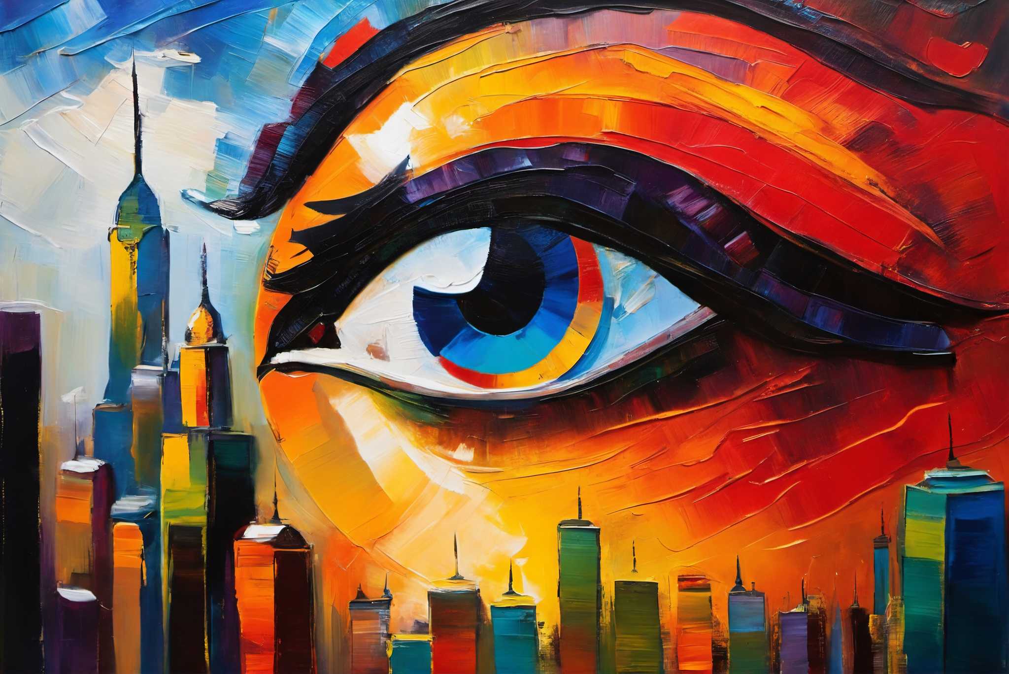 Visionary metropolis mirage: Eye art with optical illusion, in a room with innovative layout, gallery-quality artwork, and home furnishings. The art can be printed on poster, framed poster, canvas, metal, acrylic or wood, exclusively at WallArtZen. Find this exact print at https://wallartzen.com/waz160