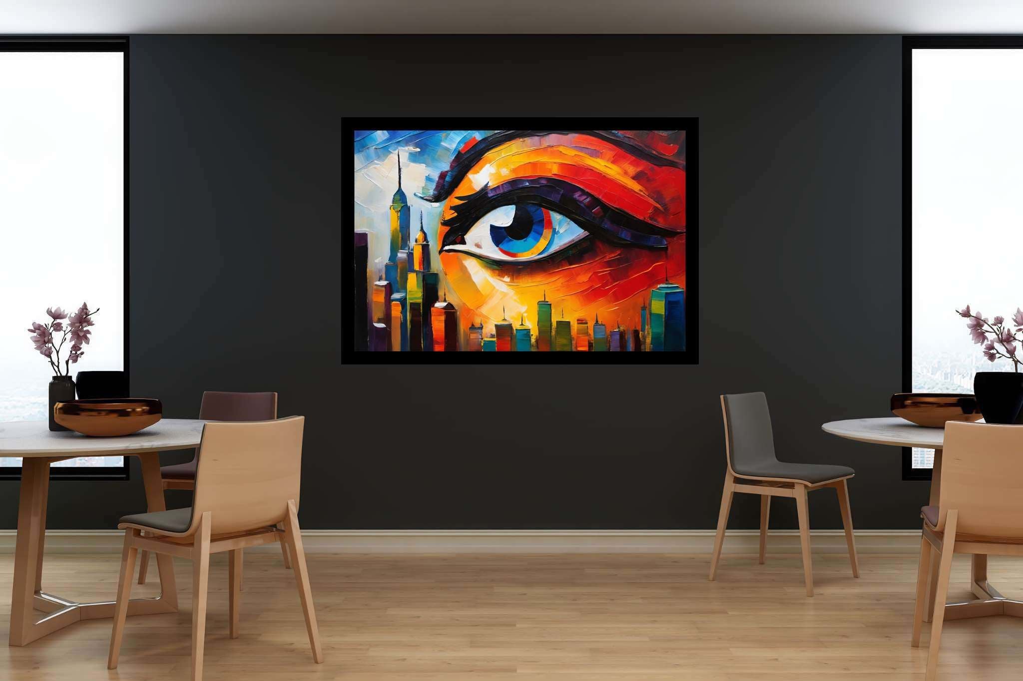 Visionary metropolis mirage: Eye art with vision, in a room with modern style, framed art, and designer furniture. The art can be printed on poster, framed poster, canvas, metal, acrylic or wood, exclusively at WallArtZen. Find this exact print at https://wallartzen.com/waz160
