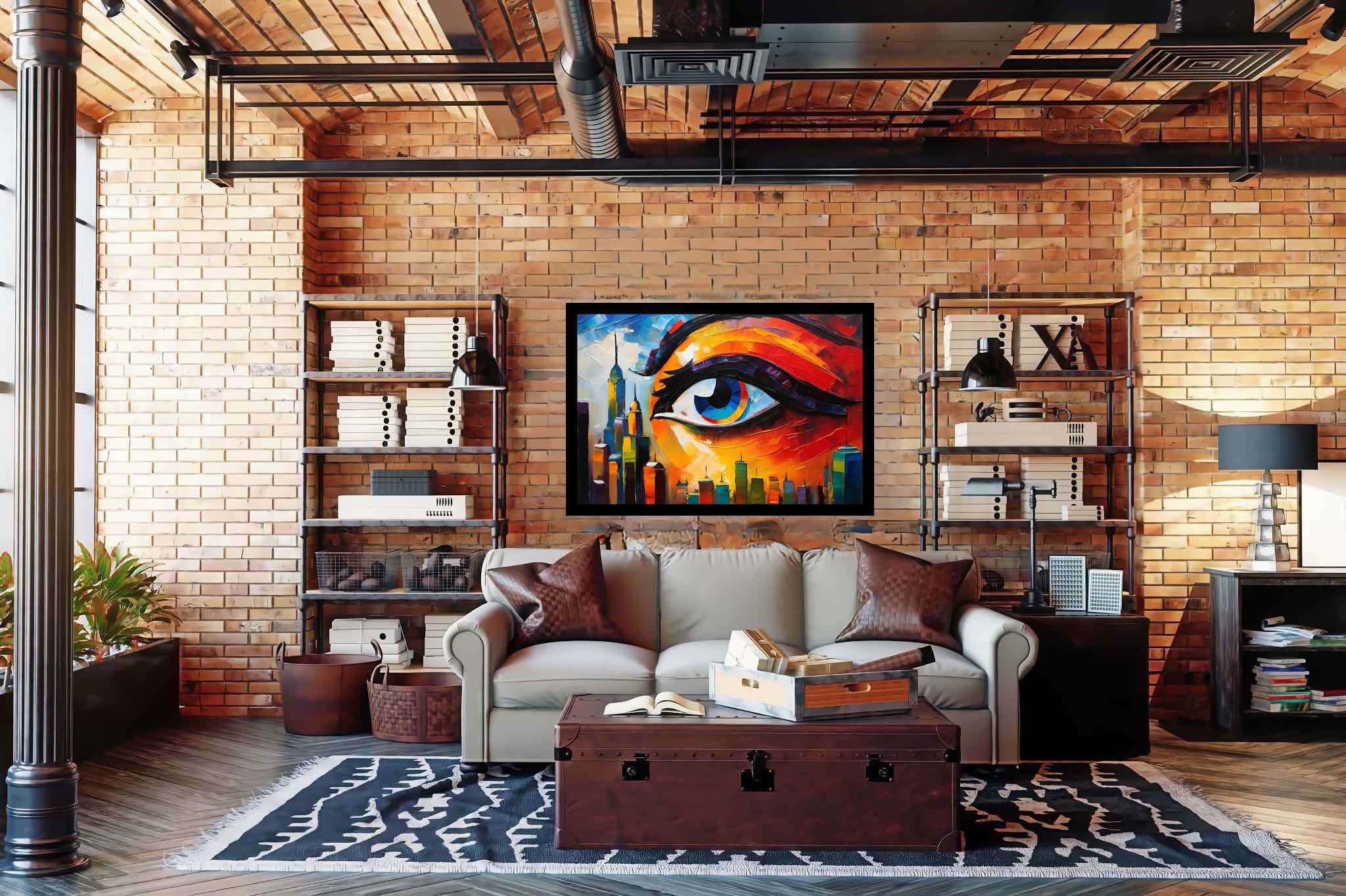 Visionary metropolis mirage: Eye art with sight, in a room with contemporary flair, digital art pieces, and interior decorations. The art can be printed on poster, framed poster, canvas, metal, acrylic or wood, exclusively at WallArtZen. Find this exact print at https://wallartzen.com/waz160