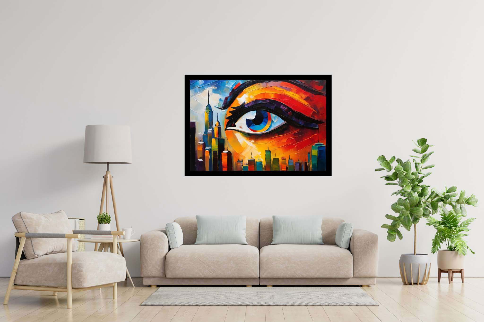 Visionary metropolis mirage: Eye art with vision, in a room with minimalist approach, wall hangings, and home styling items. The art can be printed on poster, framed poster, canvas, metal, acrylic or wood, exclusively at WallArtZen. Find this exact print at https://wallartzen.com/waz160