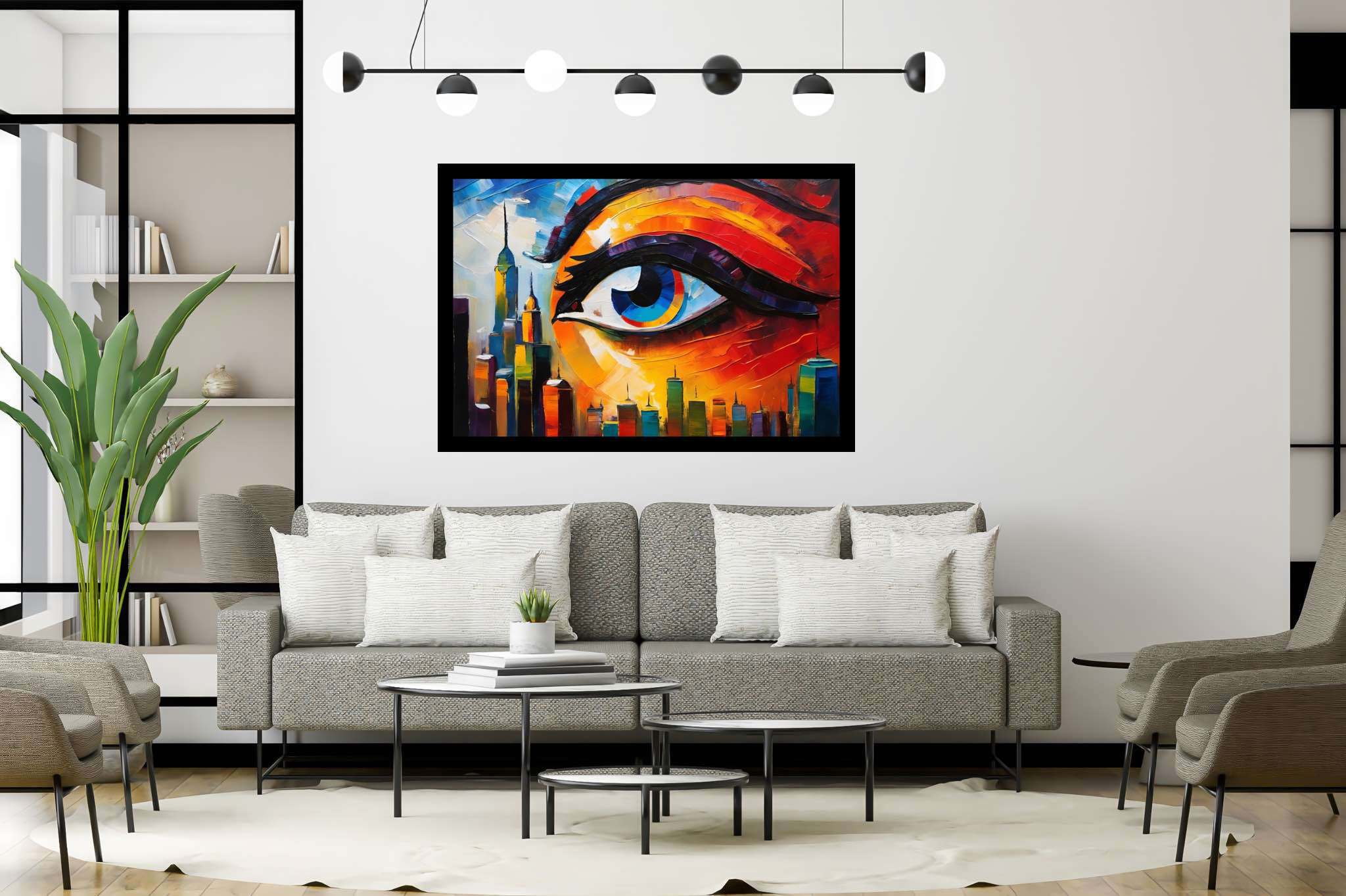 Visionary metropolis mirage: Eye art with visual perception, in a room with classic elegance, canvas prints, and elegant home goods. The art can be printed on poster, framed poster, canvas, metal, acrylic or wood, exclusively at WallArtZen. Find this exact print at https://wallartzen.com/waz160