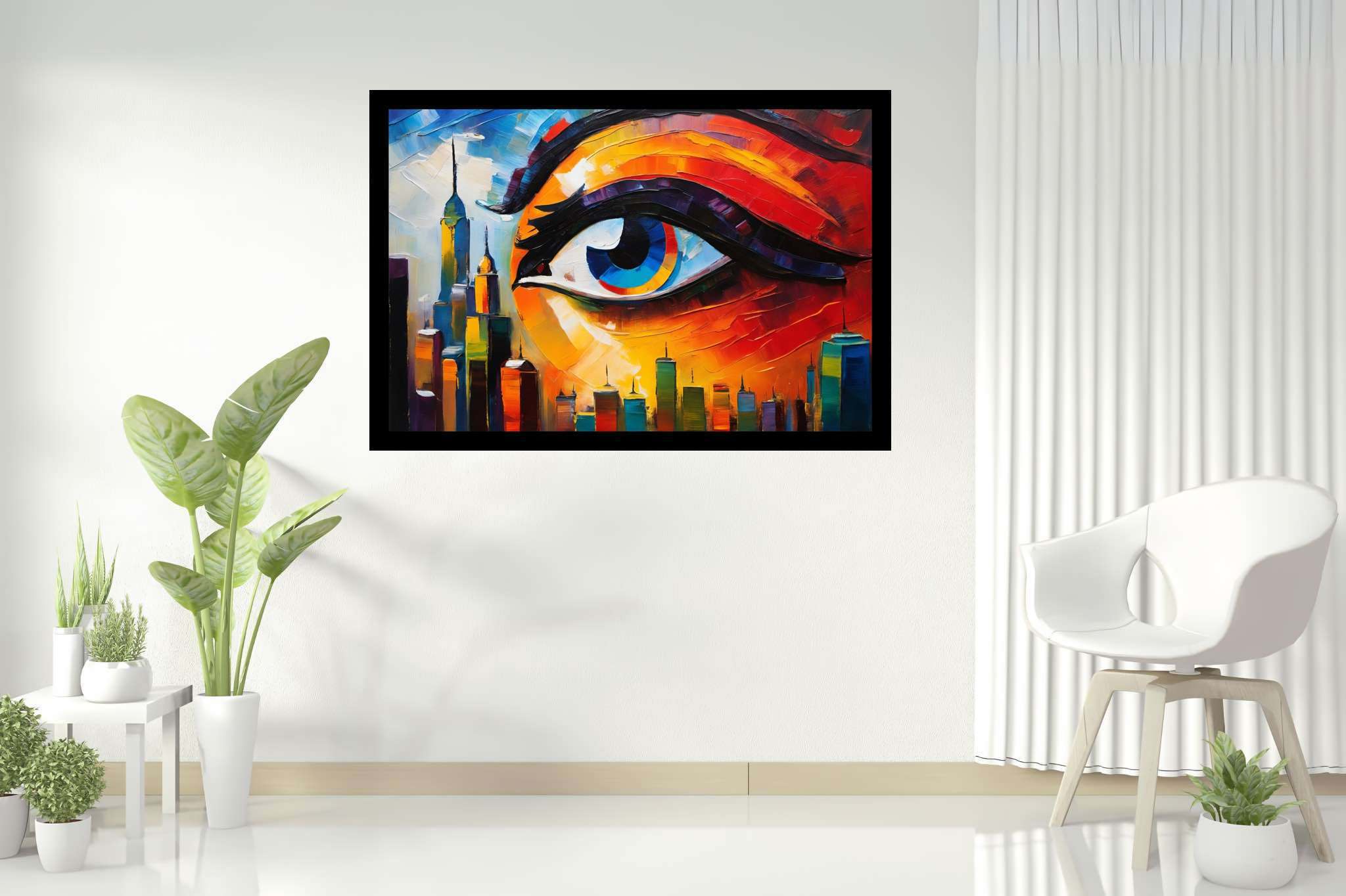 Visionary metropolis mirage: Eye art with visual perception, in a room with elegant layout, fine art prints, and decorative pieces. The art can be printed on poster, framed poster, canvas, metal, acrylic or wood, exclusively at WallArtZen. Find this exact print at https://wallartzen.com/waz160