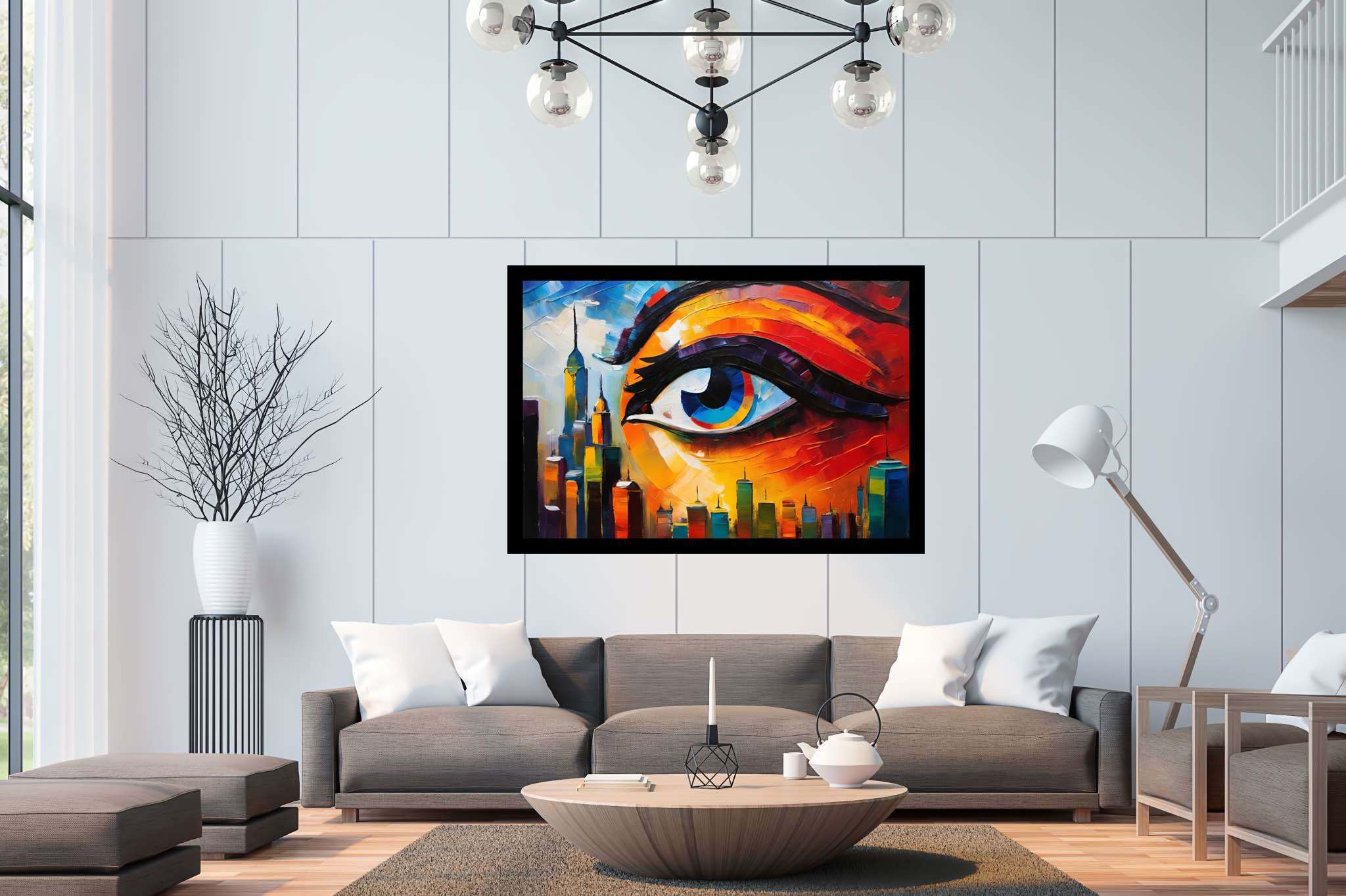 Visionary metropolis mirage: Eye art with abstract eyes, in a room with great design, canvas prints, and luxe decor. The art can be printed on poster, framed poster, canvas, metal, acrylic or wood, exclusively at WallArtZen. Find this exact print at https://wallartzen.com/waz160