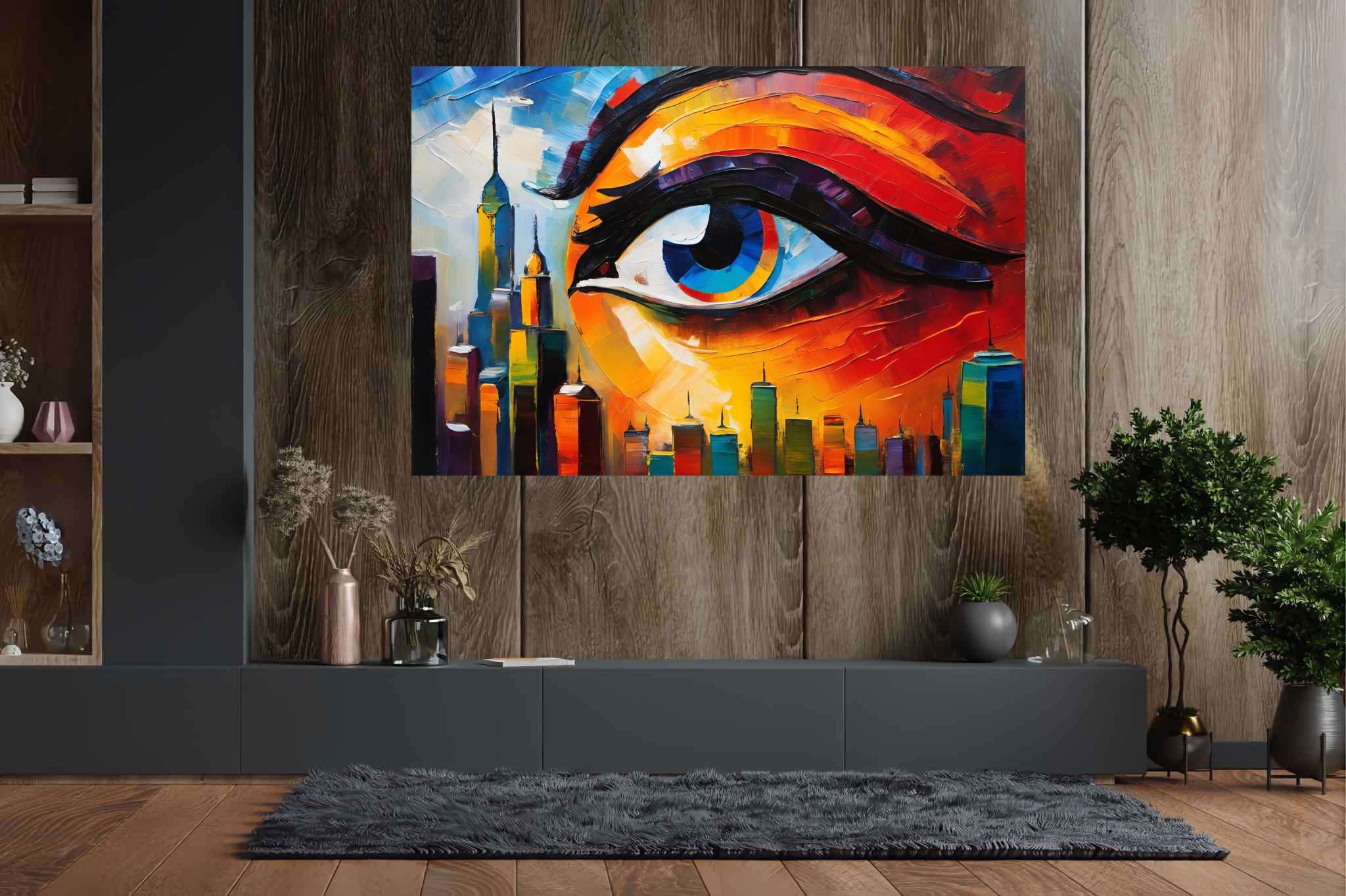 Visionary metropolis mirage: Eye art with optical illusion, in a room with contemporary flair, digital art pieces, and artisan decor. The art can be printed on poster, framed poster, canvas, metal, acrylic or wood, exclusively at WallArtZen. Find this exact print at https://wallartzen.com/waz160