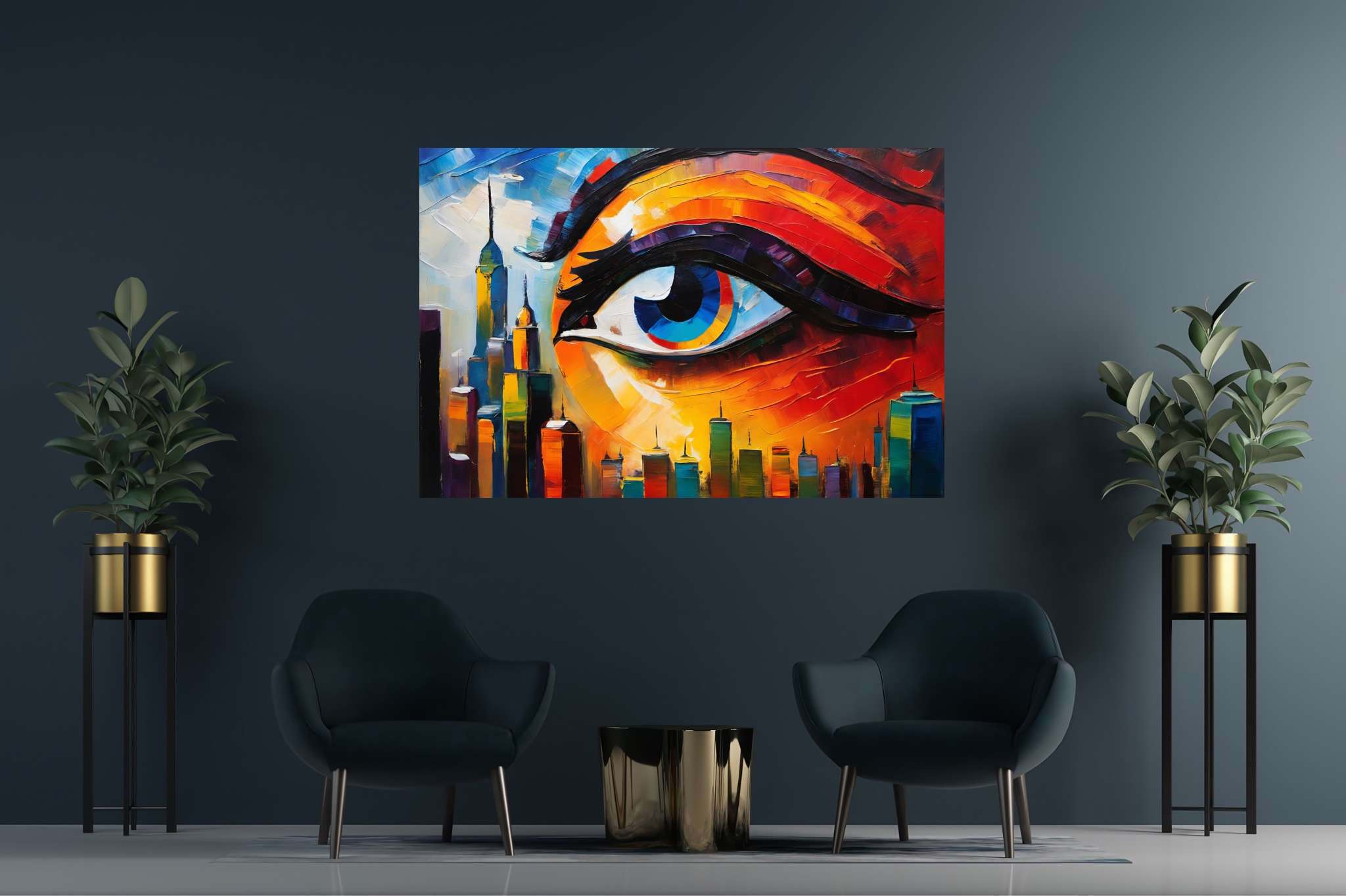 Visionary metropolis mirage: Eye art with iris, in a room with classic elegance, digital art pieces, and artisan decor. The art can be printed on poster, framed poster, canvas, metal, acrylic or wood, exclusively at WallArtZen. Find this exact print at https://wallartzen.com/waz160