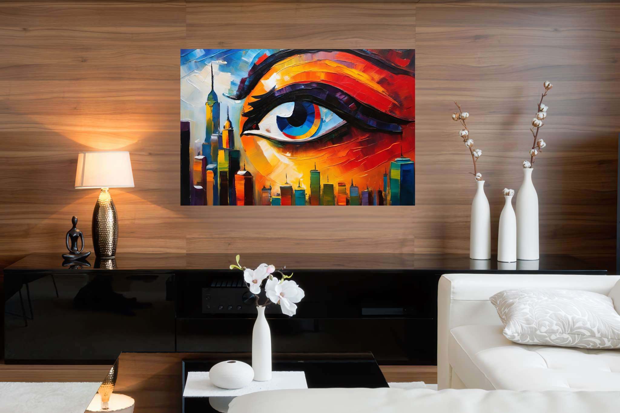 Visionary metropolis mirage: Eye art with vision, in a room with elegant layout, wall art, and home styling items. The art can be printed on poster, framed poster, canvas, metal, acrylic or wood, exclusively at WallArtZen. Find this exact print at https://wallartzen.com/waz160