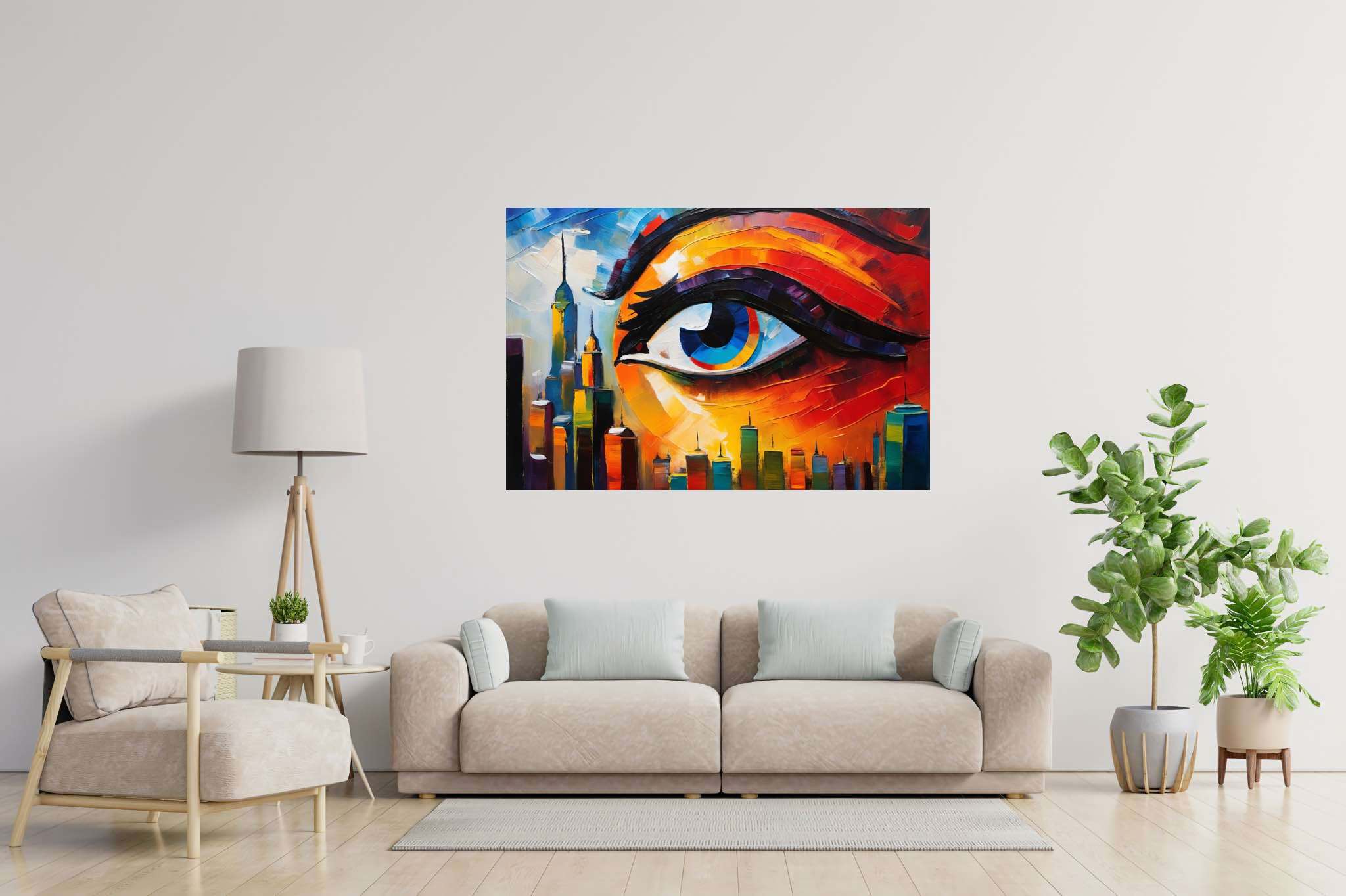 Visionary metropolis mirage: Eye art with iris, in a room with chic decor, fine art prints, and decorative pieces. The art can be printed on poster, framed poster, canvas, metal, acrylic or wood, exclusively at WallArtZen. Find this exact print at https://wallartzen.com/waz160