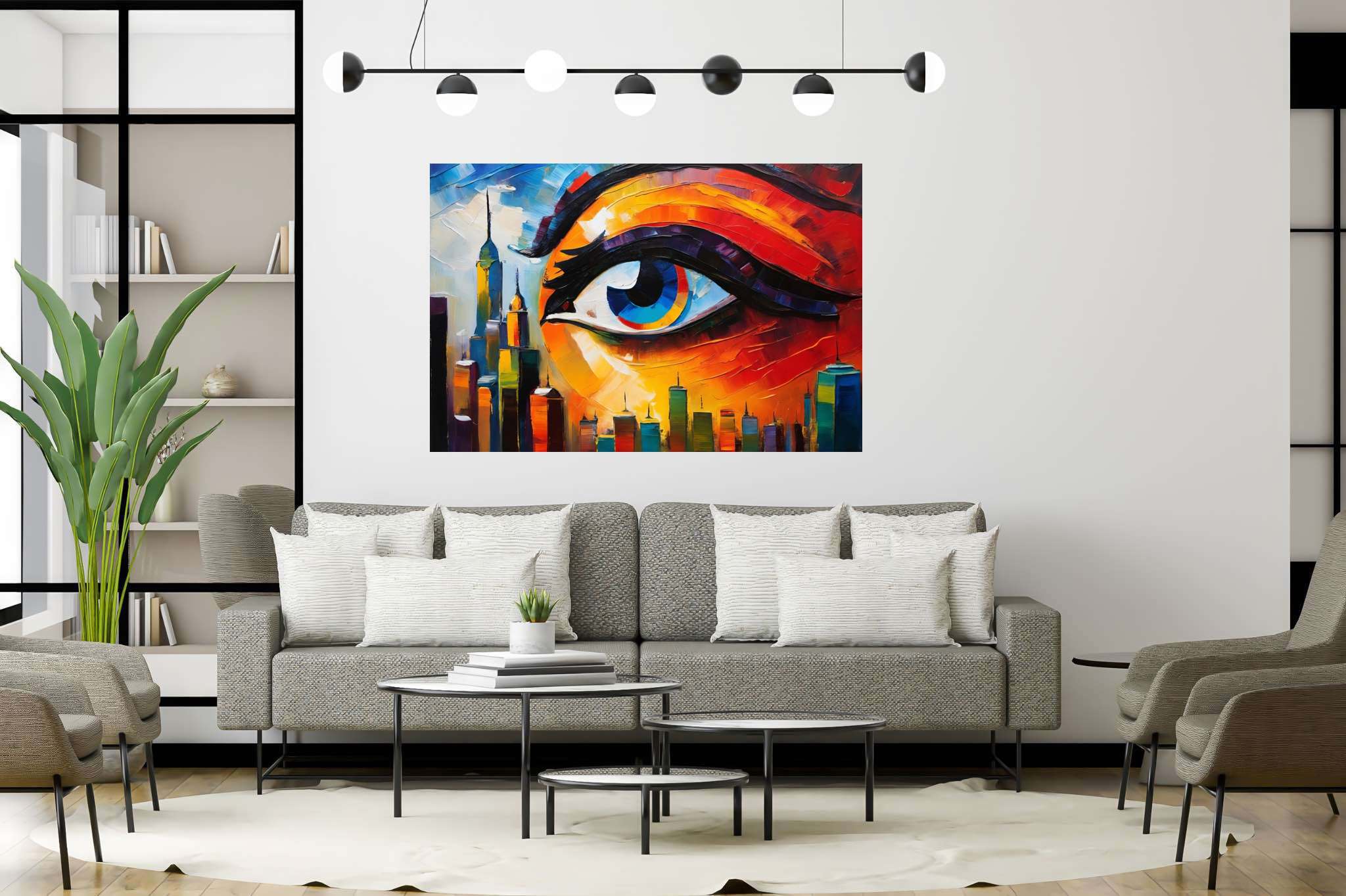Visionary metropolis mirage: Eye art with ocular, in a room with classic elegance, gallery-quality artwork, and home styling items. The art can be printed on poster, framed poster, canvas, metal, acrylic or wood, exclusively at WallArtZen. Find this exact print at https://wallartzen.com/waz160