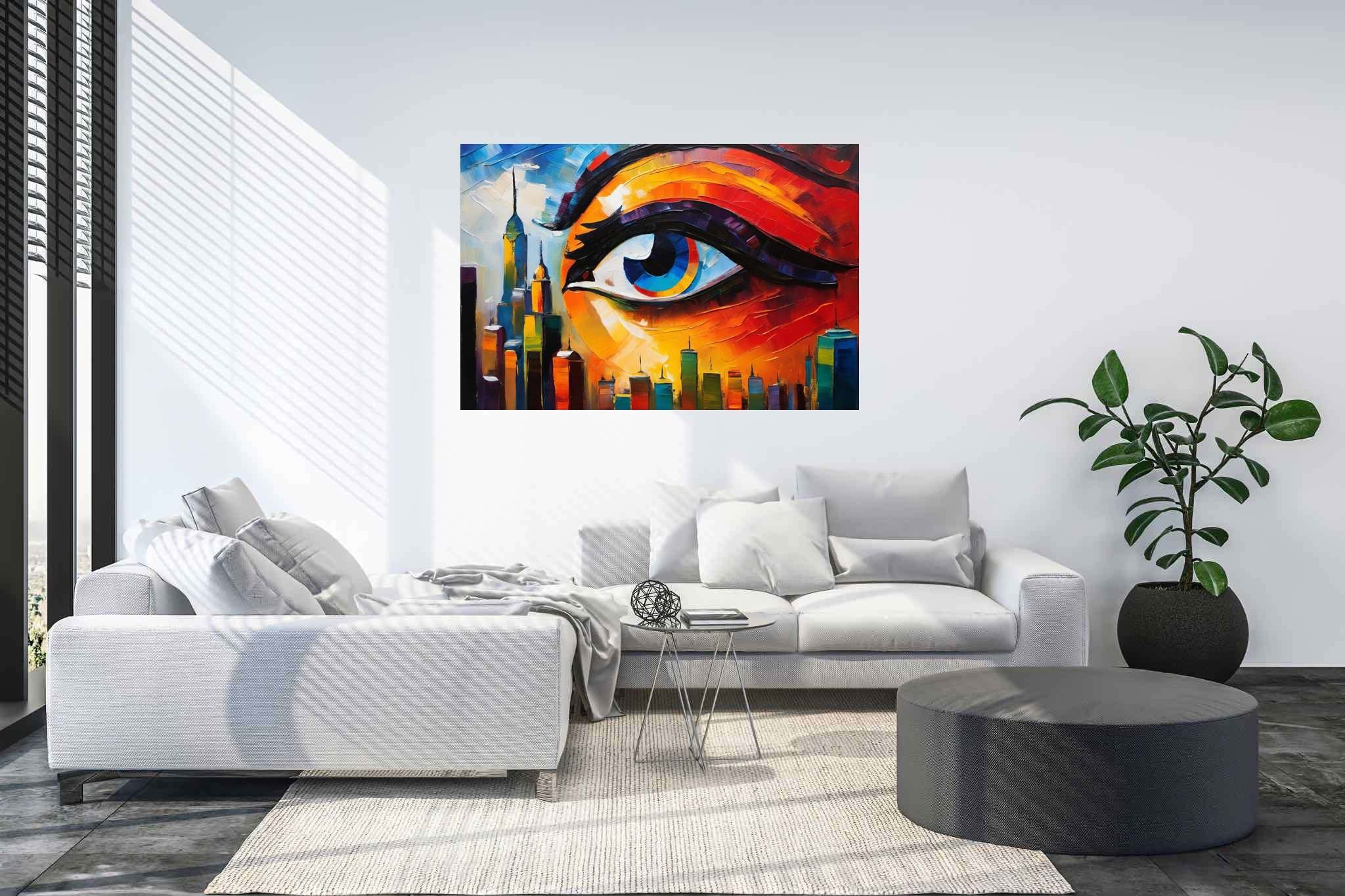 Visionary metropolis mirage: Eye art with visual perception, in a room with urban design, mural artworks, and luxe decor. The art can be printed on poster, framed poster, canvas, metal, acrylic or wood, exclusively at WallArtZen. Find this exact print at https://wallartzen.com/waz160