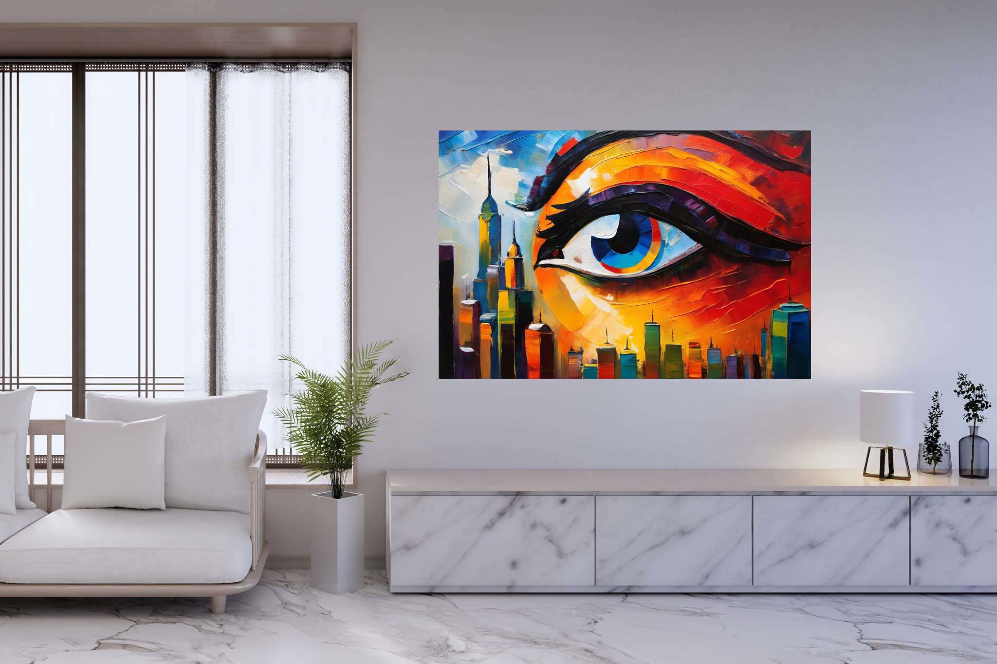 Visionary metropolis mirage: Eye art with pupil, in a room with elegant layout, wall art, and stylish accessories. The art can be printed on poster, framed poster, canvas, metal, acrylic or wood, exclusively at WallArtZen. Find this exact print at https://wallartzen.com/waz160