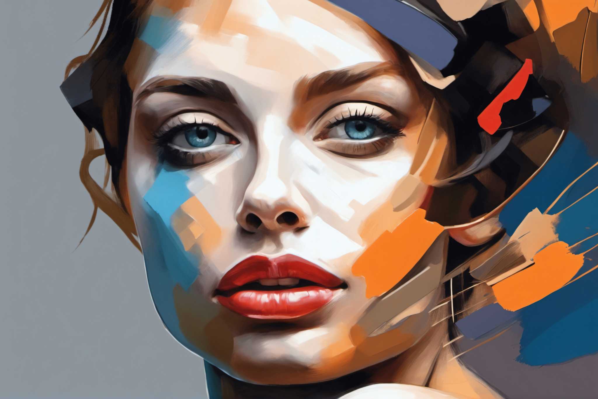 Azure gaze crimson pout: Vibrant woman art with expressive female paintings, in a room with elegant layout, fine art prints, and trendy home accents. The art can be printed on poster, framed poster, canvas, metal, acrylic or wood, exclusively at WallArtZen. Find this exact print at https://wallartzen.com/waz161