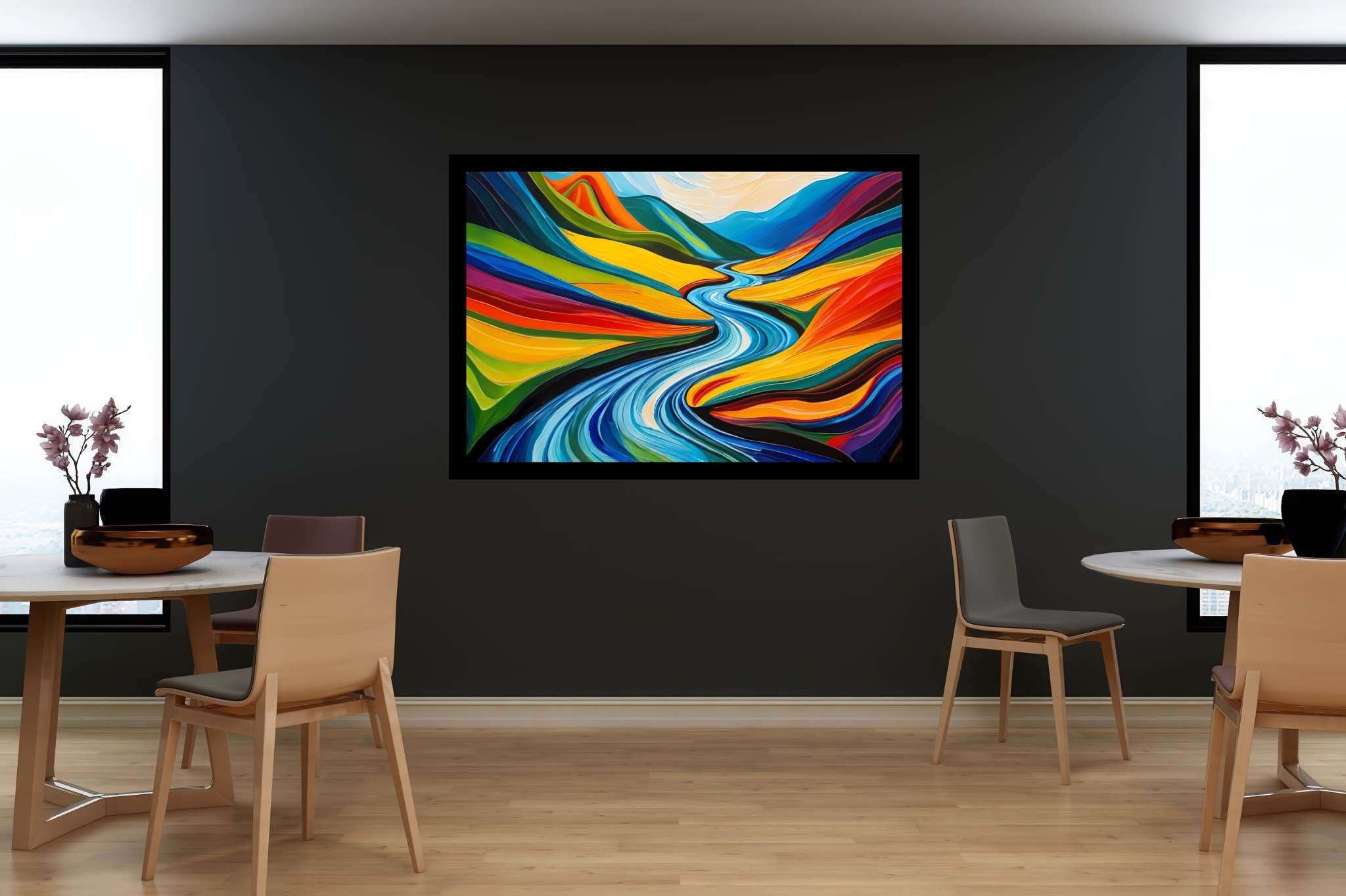 River's embrace in verdant majesty: Vibrant landscape art with breathtaking outdoor artwork, in a room with urban design, canvas prints, and interior decorations. The art can be printed on poster, framed poster, canvas, metal, acrylic or wood, exclusively at WallArtZen. Find this exact print at https://wallartzen.com/waz162