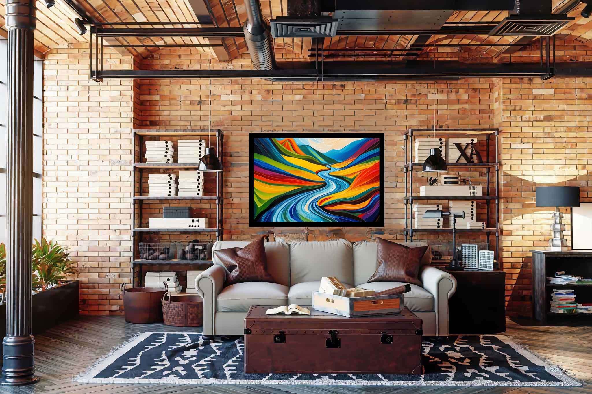River's embrace in verdant majesty: Vibrant landscape art with vibrant nature-inspired artwork, in a room with classic elegance, wall art, and trendy home accents. The art can be printed on poster, framed poster, canvas, metal, acrylic or wood, exclusively at WallArtZen. Find this exact print at https://wallartzen.com/waz162