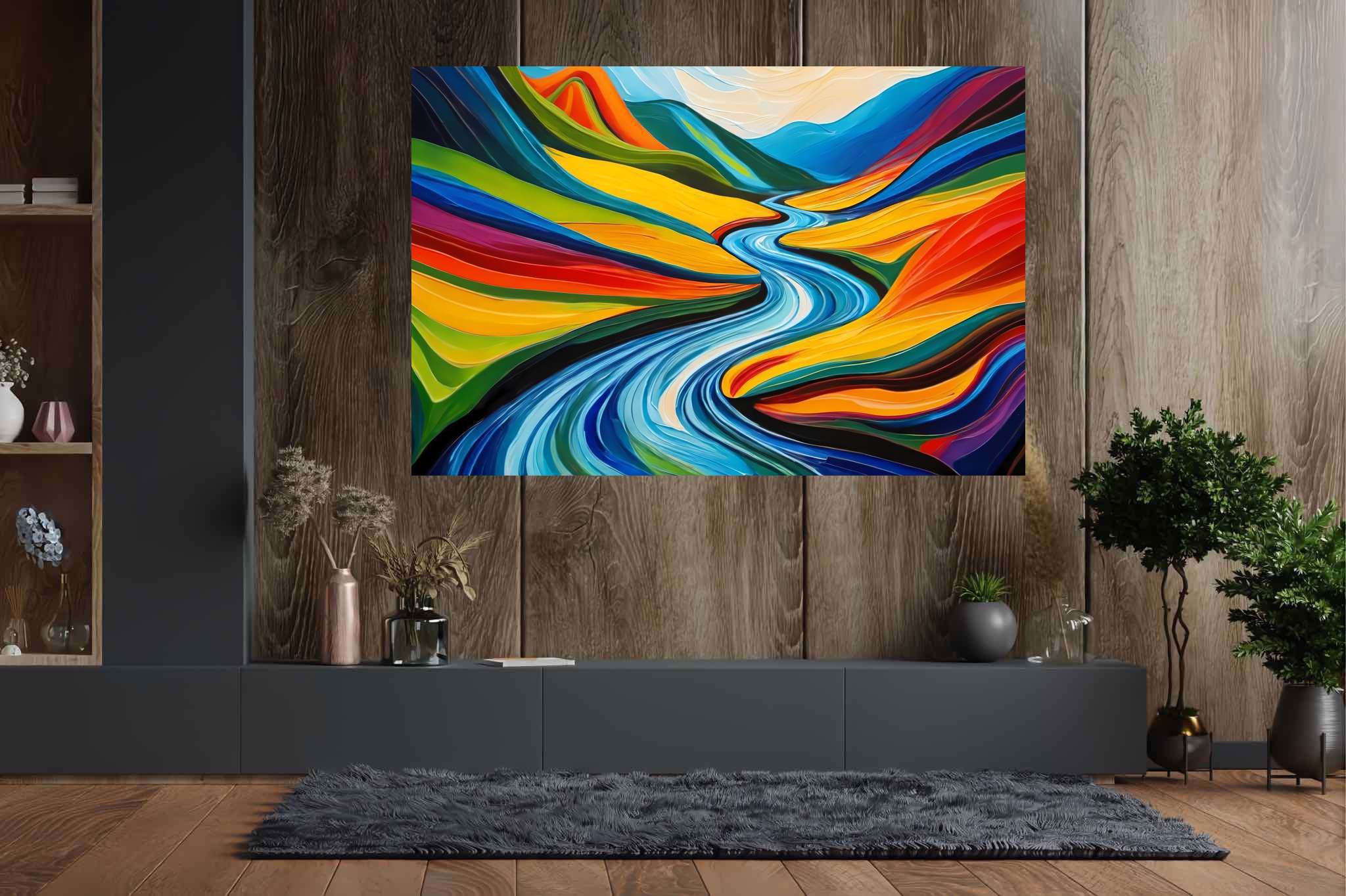 River's embrace in verdant majesty: Vibrant landscape art with awe-inspiring scenery, in a room with innovative layout, framed art, and home furnishings. The art can be printed on poster, framed poster, canvas, metal, acrylic or wood, exclusively at WallArtZen. Find this exact print at https://wallartzen.com/waz162