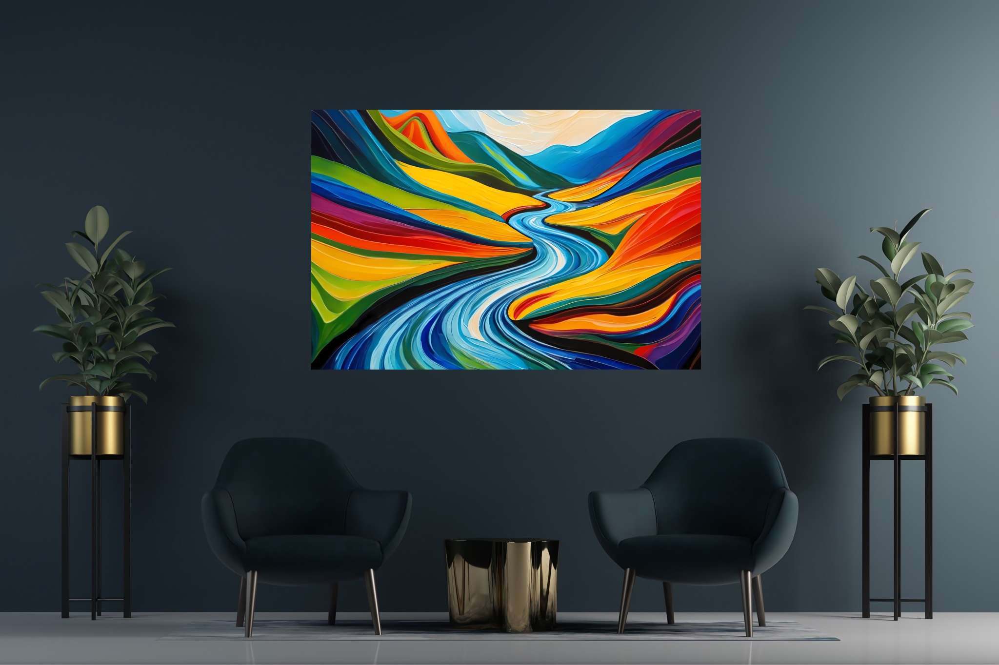 River's embrace in verdant majesty: Vibrant landscape art with vivid artistic portrayal, in a room with chic decor, mural artworks, and designer furniture. The art can be printed on poster, framed poster, canvas, metal, acrylic or wood, exclusively at WallArtZen. Find this exact print at https://wallartzen.com/waz162