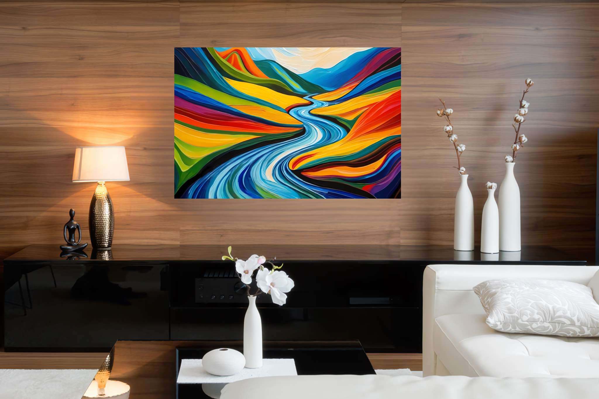 River's embrace in verdant majesty: Vibrant landscape art with vibrant nature-inspired artwork, in a room with chic decor, canvas prints, and stylish accessories. The art can be printed on poster, framed poster, canvas, metal, acrylic or wood, exclusively at WallArtZen. Find this exact print at https://wallartzen.com/waz162