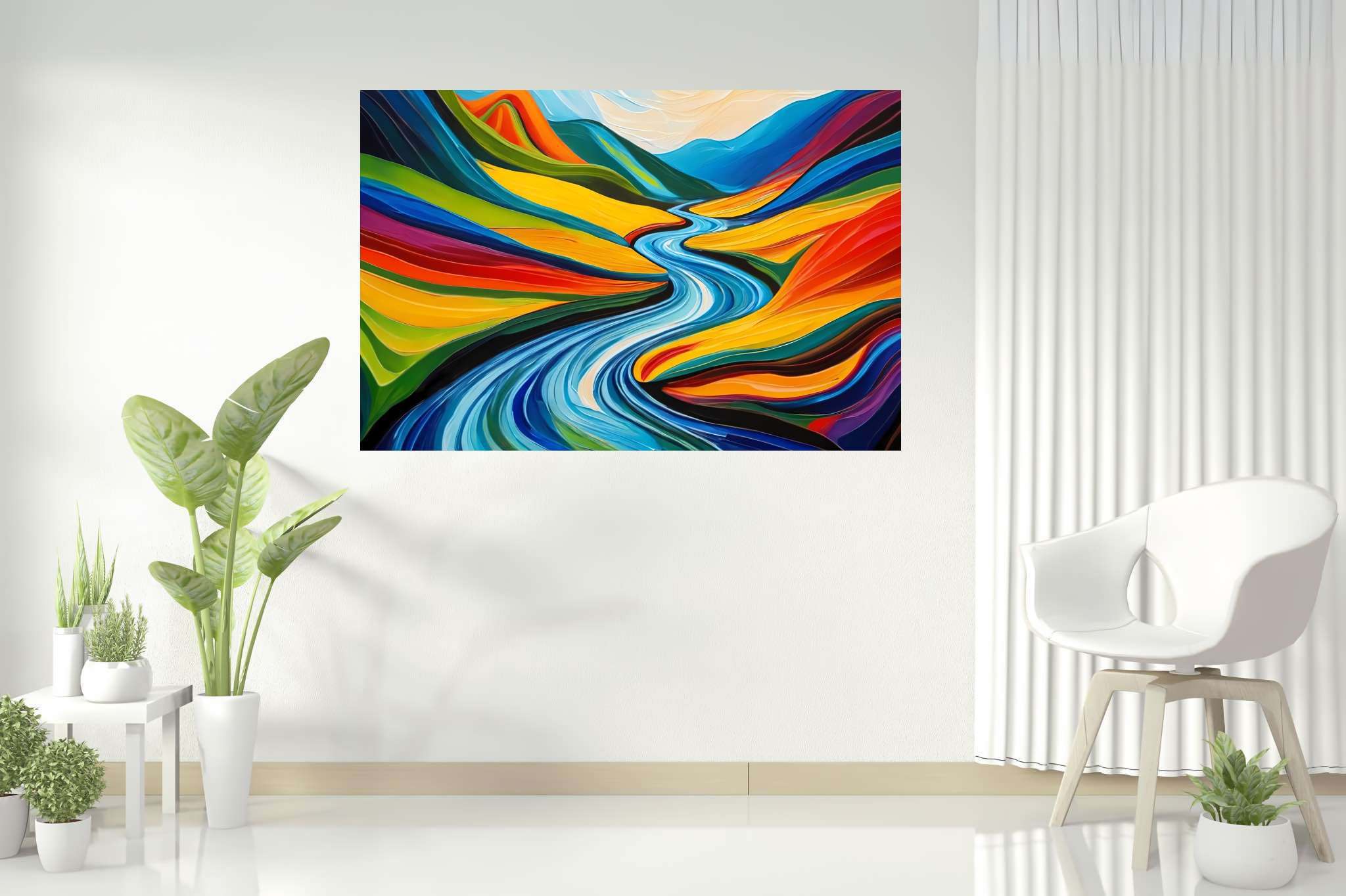 River's embrace in verdant majesty: Vibrant landscape art with vivid natural masterpiece, in a room with contemporary flair, bespoke art designs, and interior decorations. The art can be printed on poster, framed poster, canvas, metal, acrylic or wood, exclusively at WallArtZen. Find this exact print at https://wallartzen.com/waz162