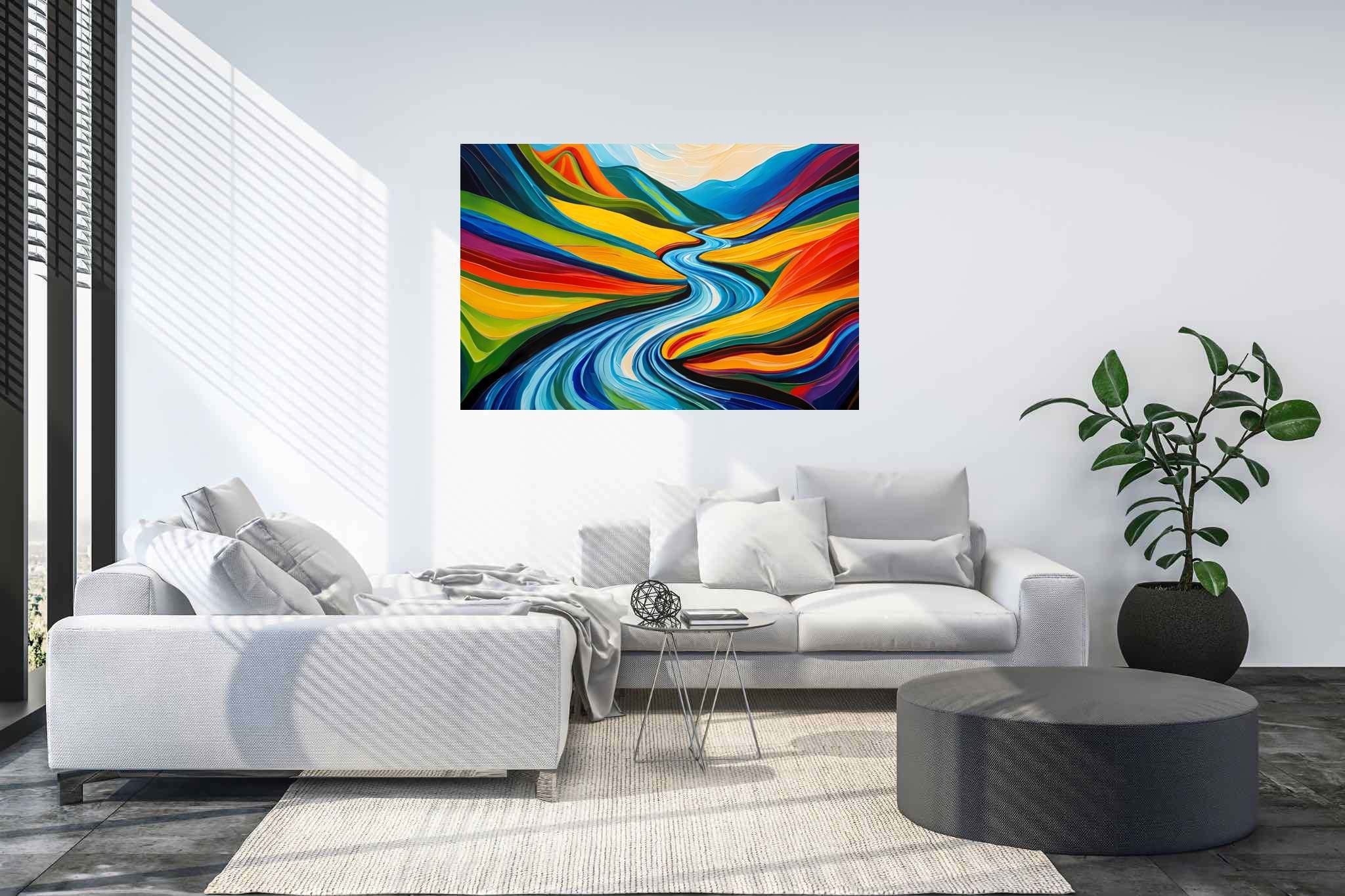River's embrace in verdant majesty: Vibrant landscape art with awe-inspiring scenery, in a room with minimalist approach, photographic wall art, and elegant home goods. The art can be printed on poster, framed poster, canvas, metal, acrylic or wood, exclusively at WallArtZen. Find this exact print at https://wallartzen.com/waz162