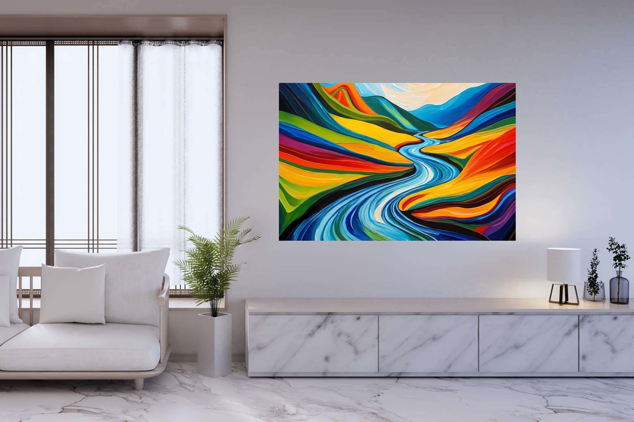 River's embrace in verdant majesty: Vibrant landscape art with breathtaking outdoor artwork, in a room with modern style, gallery-quality artwork, and luxe decor. The art can be printed on poster, framed poster, canvas, metal, acrylic or wood, exclusively at WallArtZen. Find this exact print at https://wallartzen.com/waz162