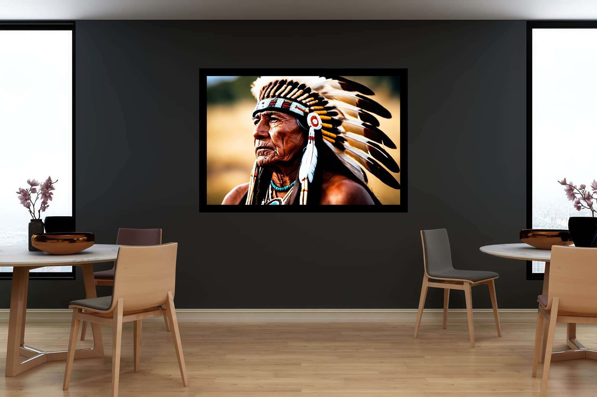 Eagle eye reverie: Native american art with native american symbols, in a room with chic decor, abstract paintings, and interior decorations. The art can be printed on poster, framed poster, canvas, metal, acrylic or wood, exclusively at WallArtZen. Find this exact print at https://wallartzen.com/waz163