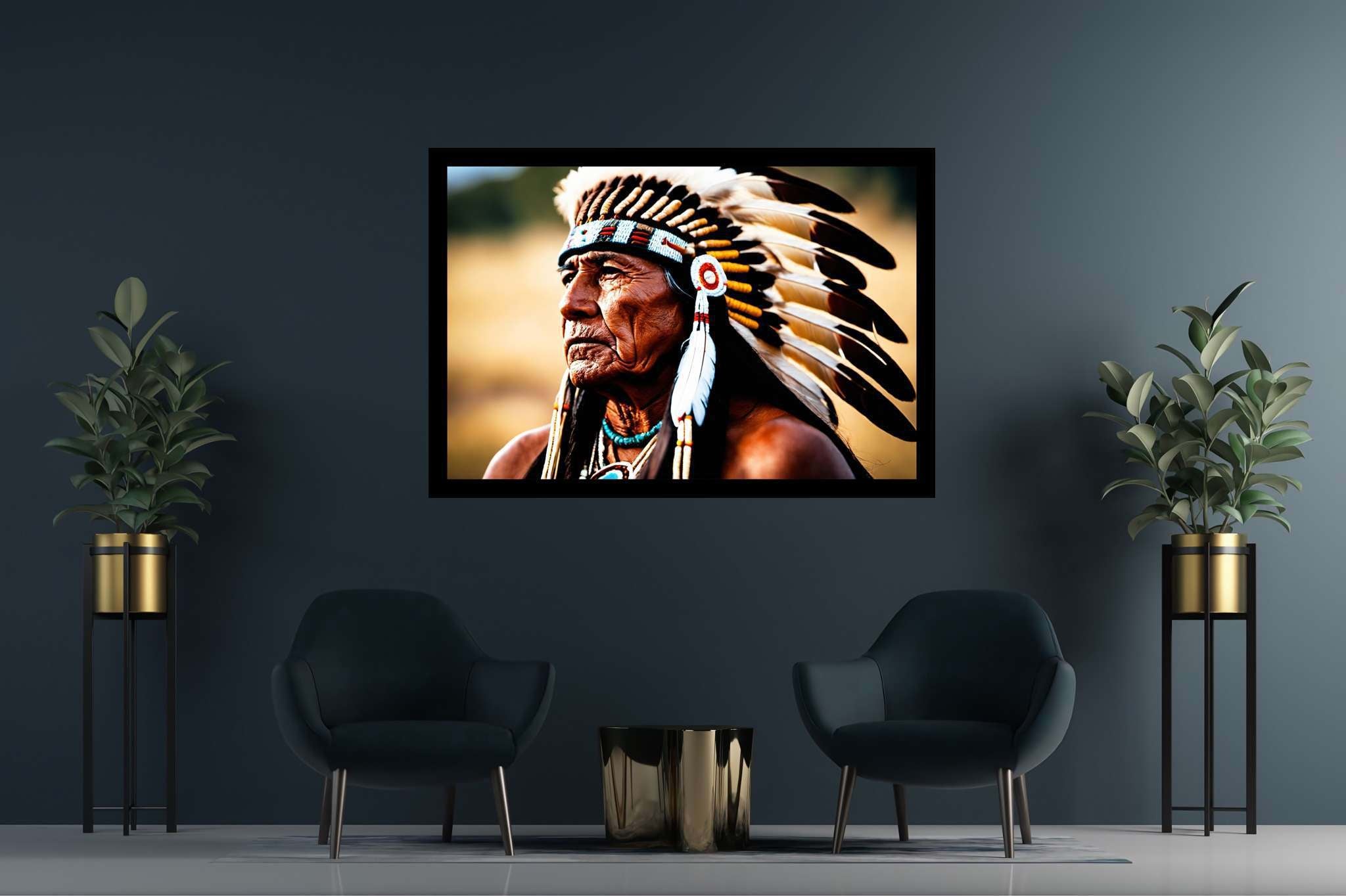 Eagle eye reverie: Native american art with tribal art, in a room with contemporary flair, gallery-quality artwork, and trendy home accents. The art can be printed on poster, framed poster, canvas, metal, acrylic or wood, exclusively at WallArtZen. Find this exact print at https://wallartzen.com/waz163