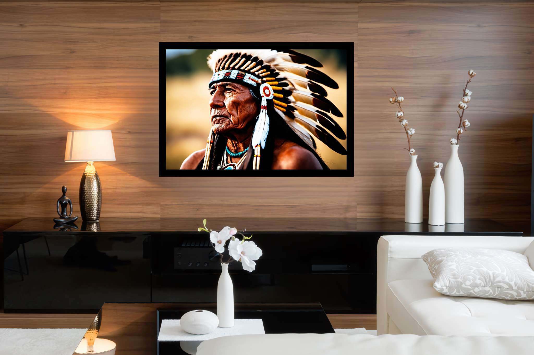 Eagle eye reverie: Native american art with native american jewelry, in a room with minimalist approach, fine art prints, and artisan decor. The art can be printed on poster, framed poster, canvas, metal, acrylic or wood, exclusively at WallArtZen. Find this exact print at https://wallartzen.com/waz163