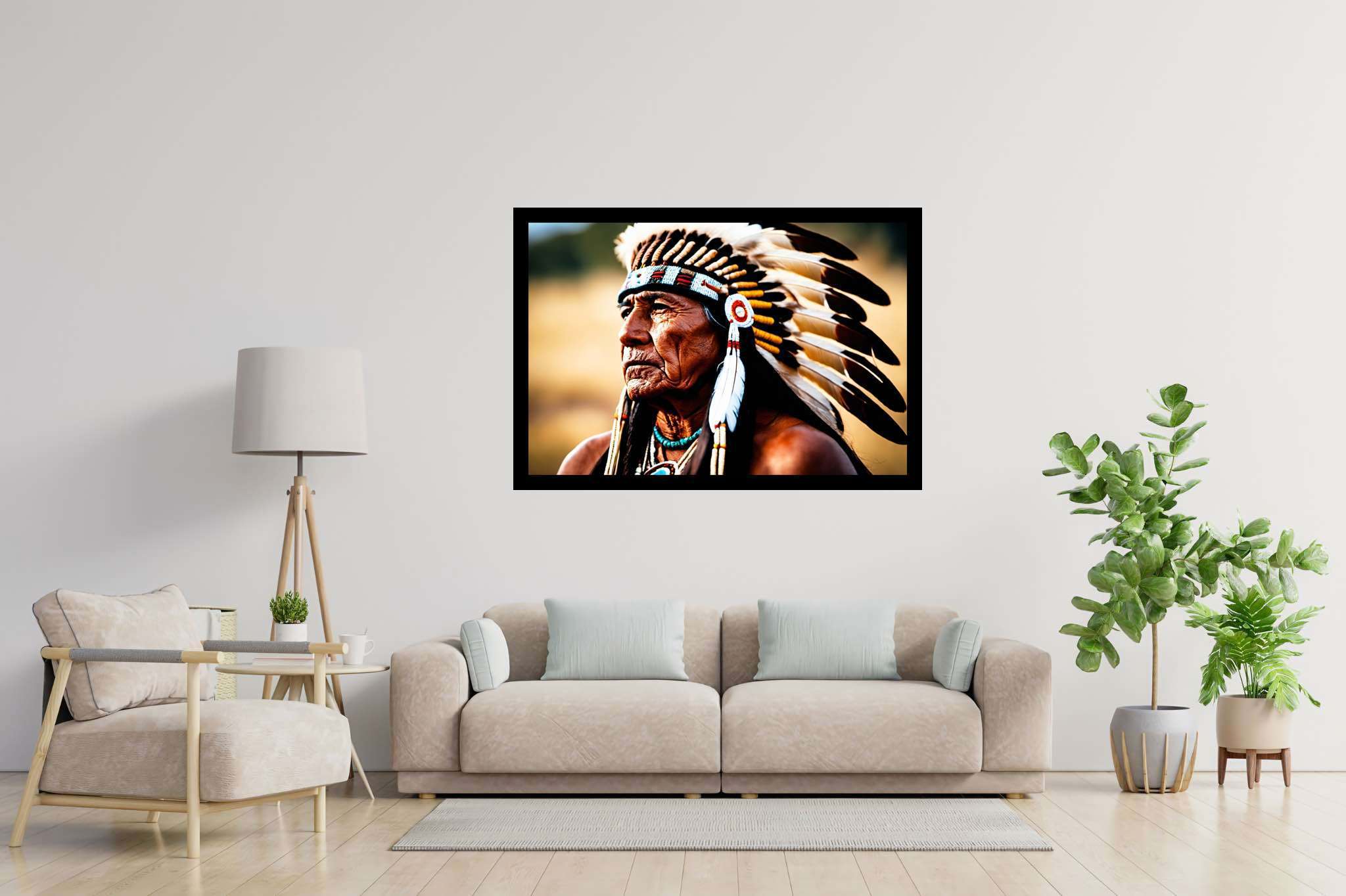 Eagle eye reverie: Native american art with indigenous culture, in a room with artistic style, mural artworks, and designer furniture. The art can be printed on poster, framed poster, canvas, metal, acrylic or wood, exclusively at WallArtZen. Find this exact print at https://wallartzen.com/waz163