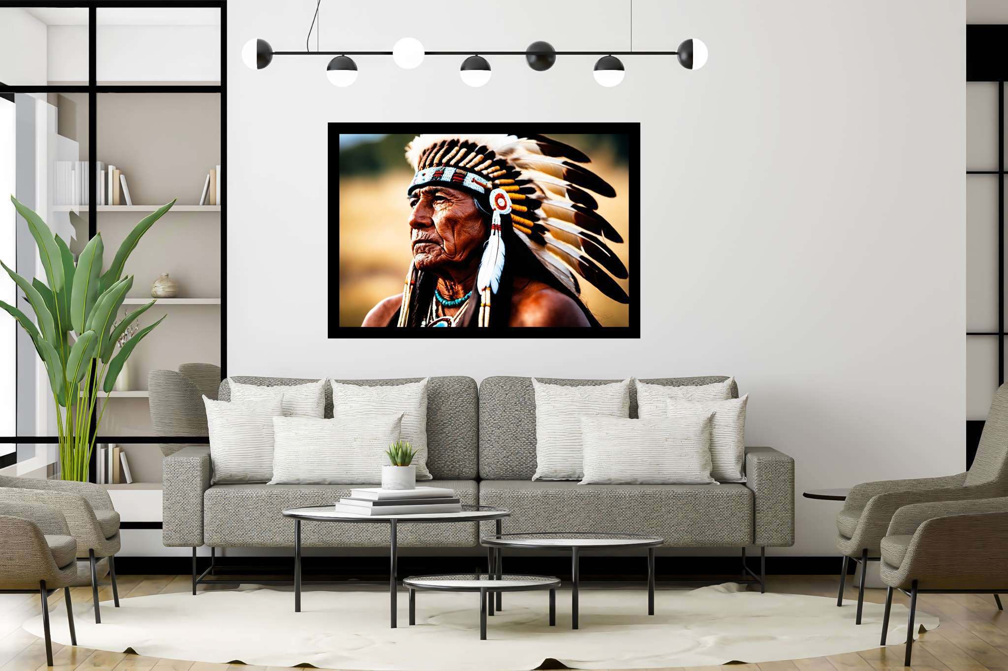 Eagle eye reverie: Native american art with native american paintings, in a room with minimalist approach, abstract paintings, and decorative pieces. The art can be printed on poster, framed poster, canvas, metal, acrylic or wood, exclusively at WallArtZen. Find this exact print at https://wallartzen.com/waz163