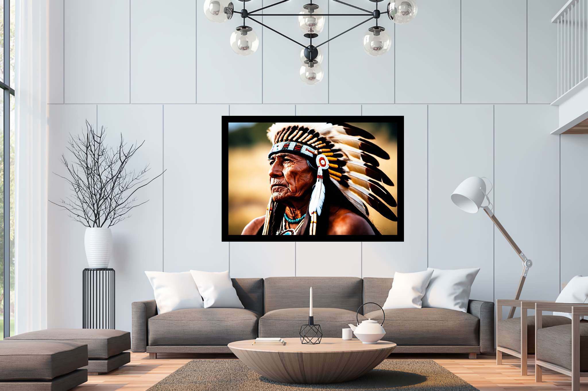 Eagle eye reverie: Native american art with native american symbols, in a room with contemporary flair, bespoke art designs, and trendy home accents. The art can be printed on poster, framed poster, canvas, metal, acrylic or wood, exclusively at WallArtZen. Find this exact print at https://wallartzen.com/waz163